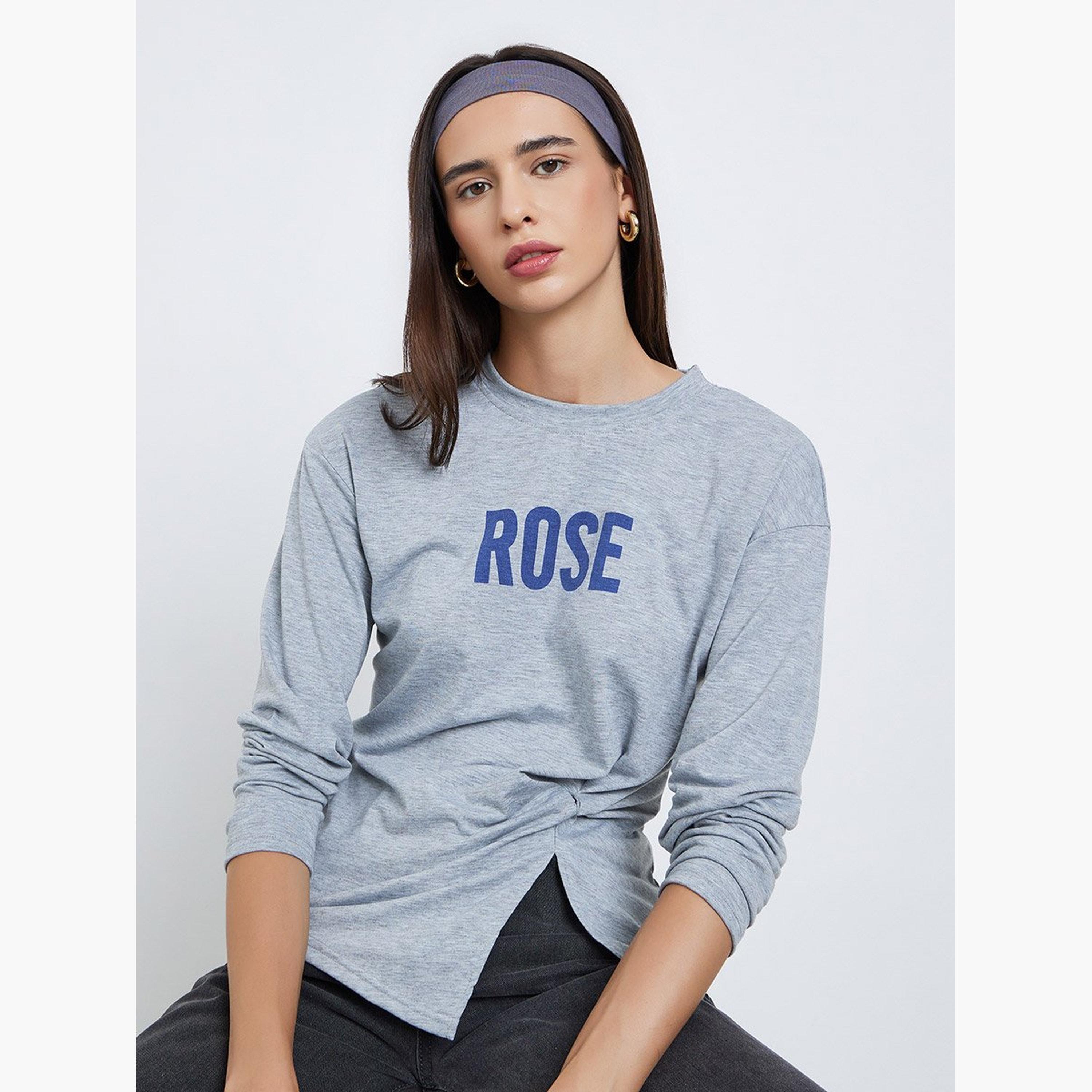 Styli Grey Slogan Print Knot Detail T-Shirt-women-clothing-tshirts-image-1
