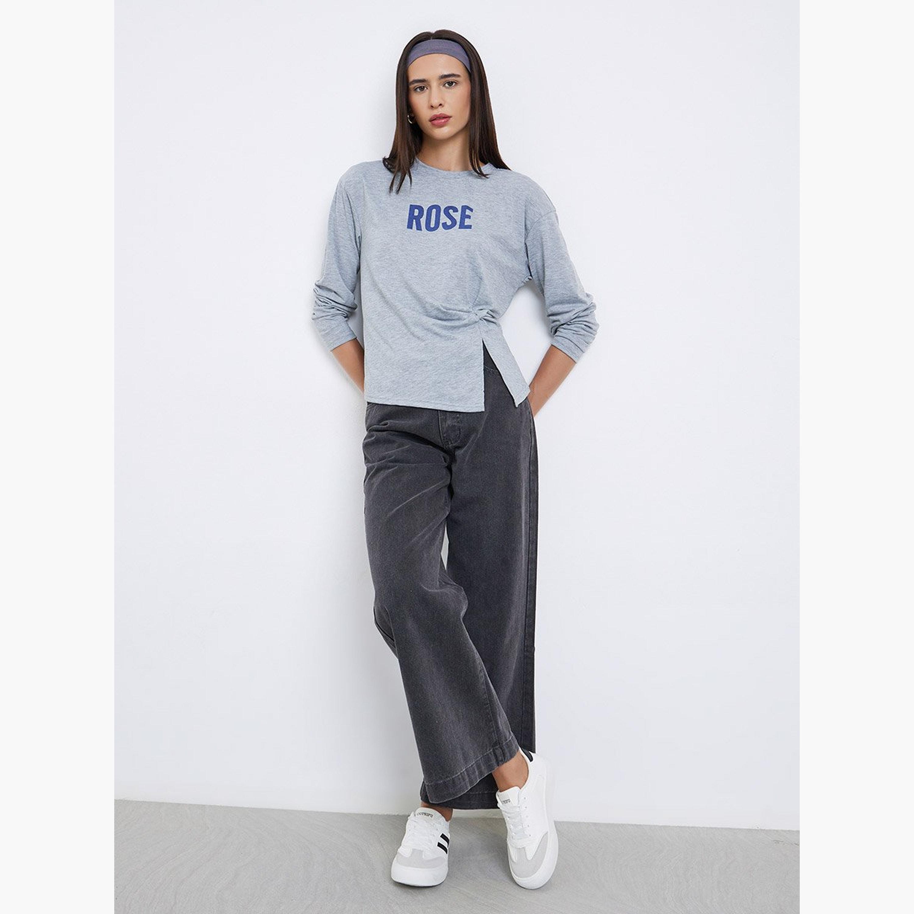 Styli Grey Slogan Print Knot Detail T-Shirt-women-clothing-tshirts-image-2