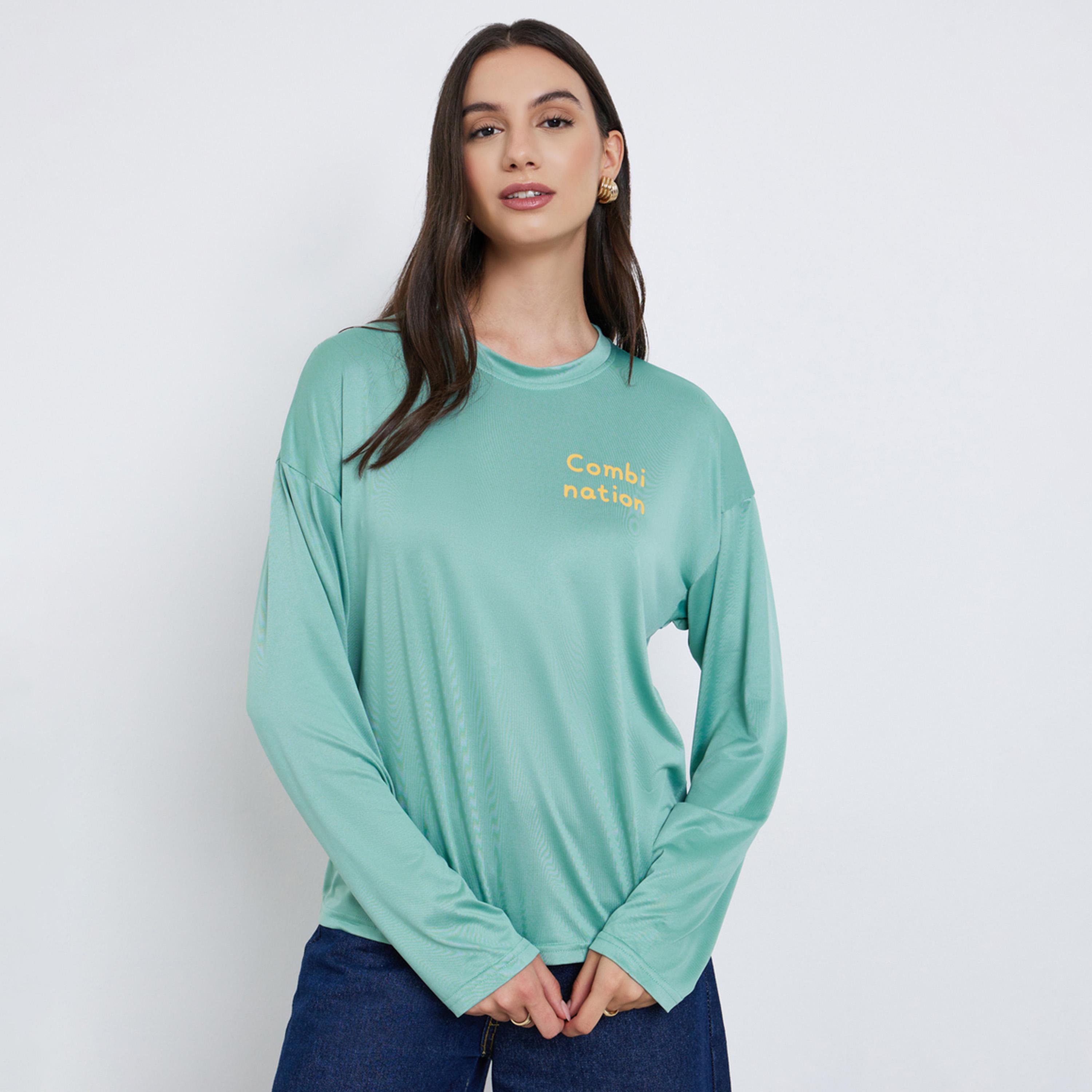 Styli Women Green Slogan Print Long Sleeve T-Shirt-women-clothing-tshirts-image-1