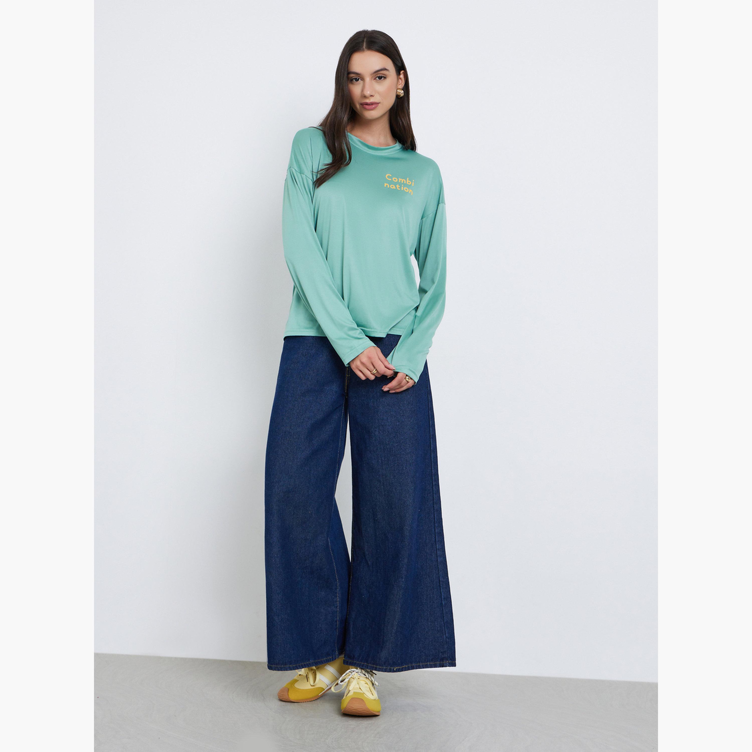 Styli Women Green Slogan Print Long Sleeve T-Shirt-women-clothing-tshirts-image-2