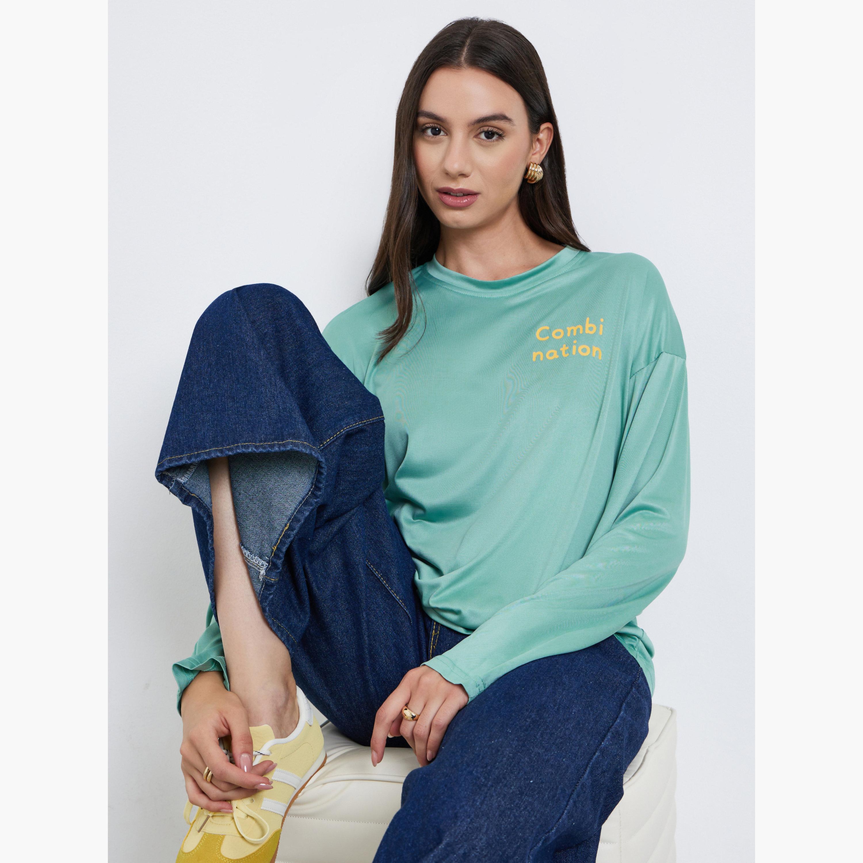 Styli Women Green Slogan Print Long Sleeve T-Shirt-women-clothing-tshirts-image-3
