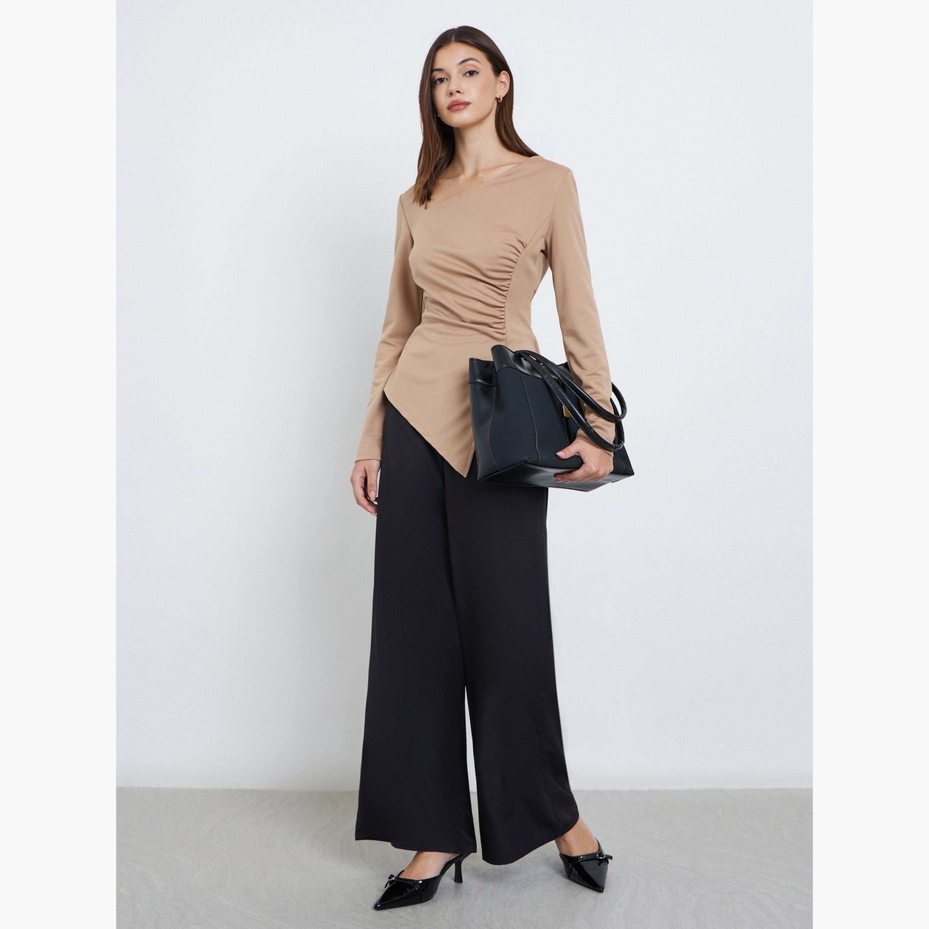 ستايلي - تي شيرت بني بأكمام طويلة ورقبة غير متماثلة-women-clothing-tshirts-image-2