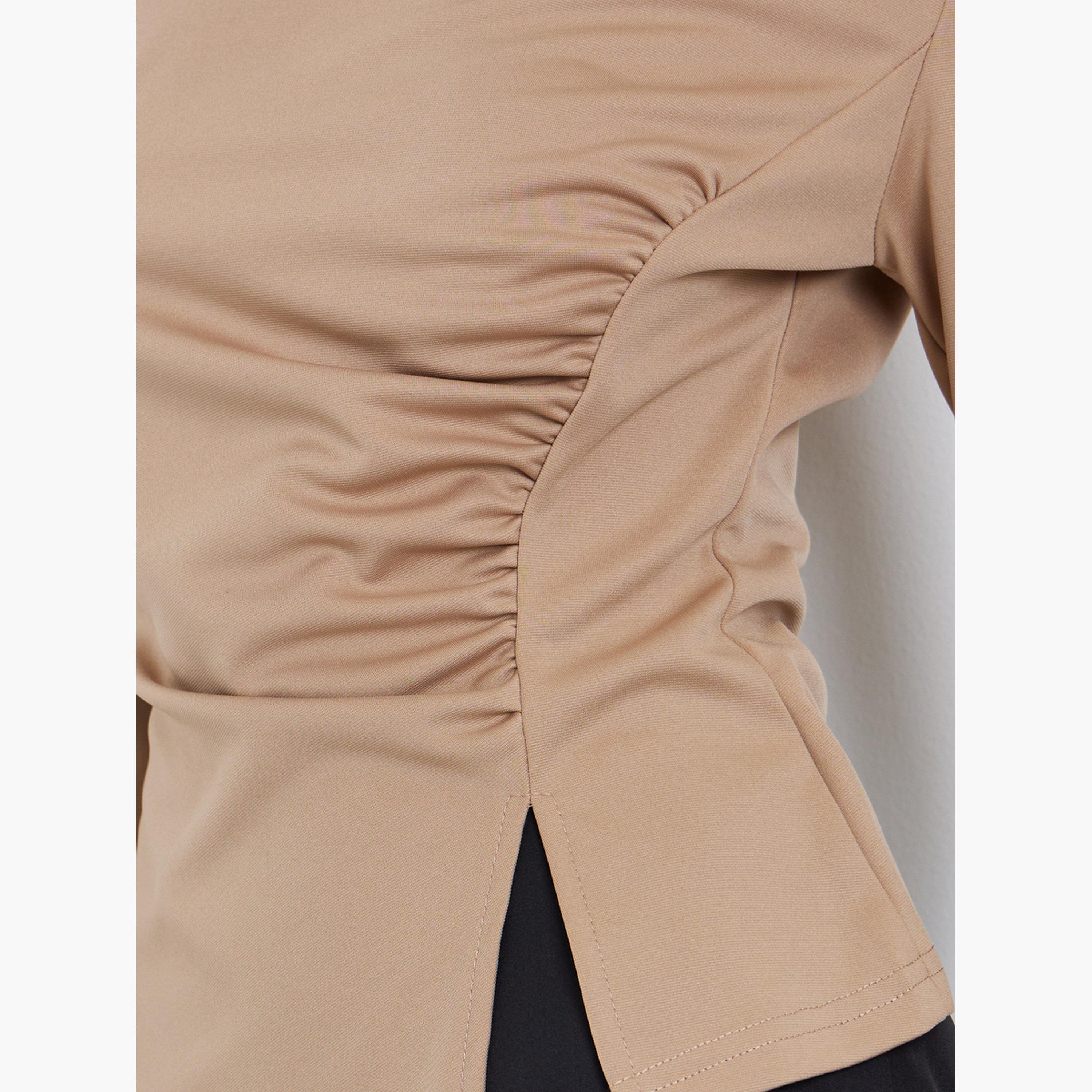 ستايلي - تي شيرت بني بأكمام طويلة ورقبة غير متماثلة-women-clothing-tshirts-image-3