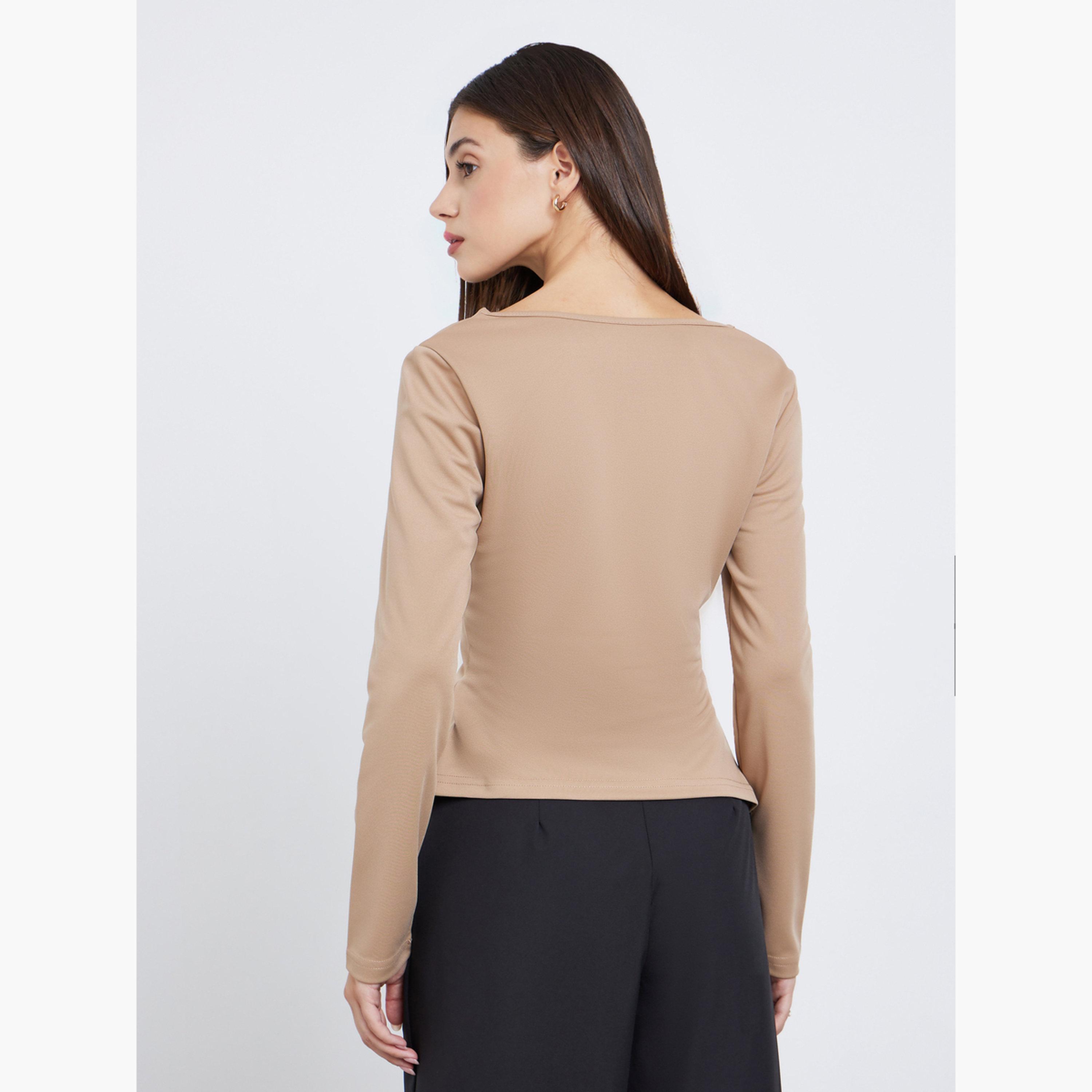 ستايلي - تي شيرت بني بأكمام طويلة ورقبة غير متماثلة-women-clothing-tshirts-image-4