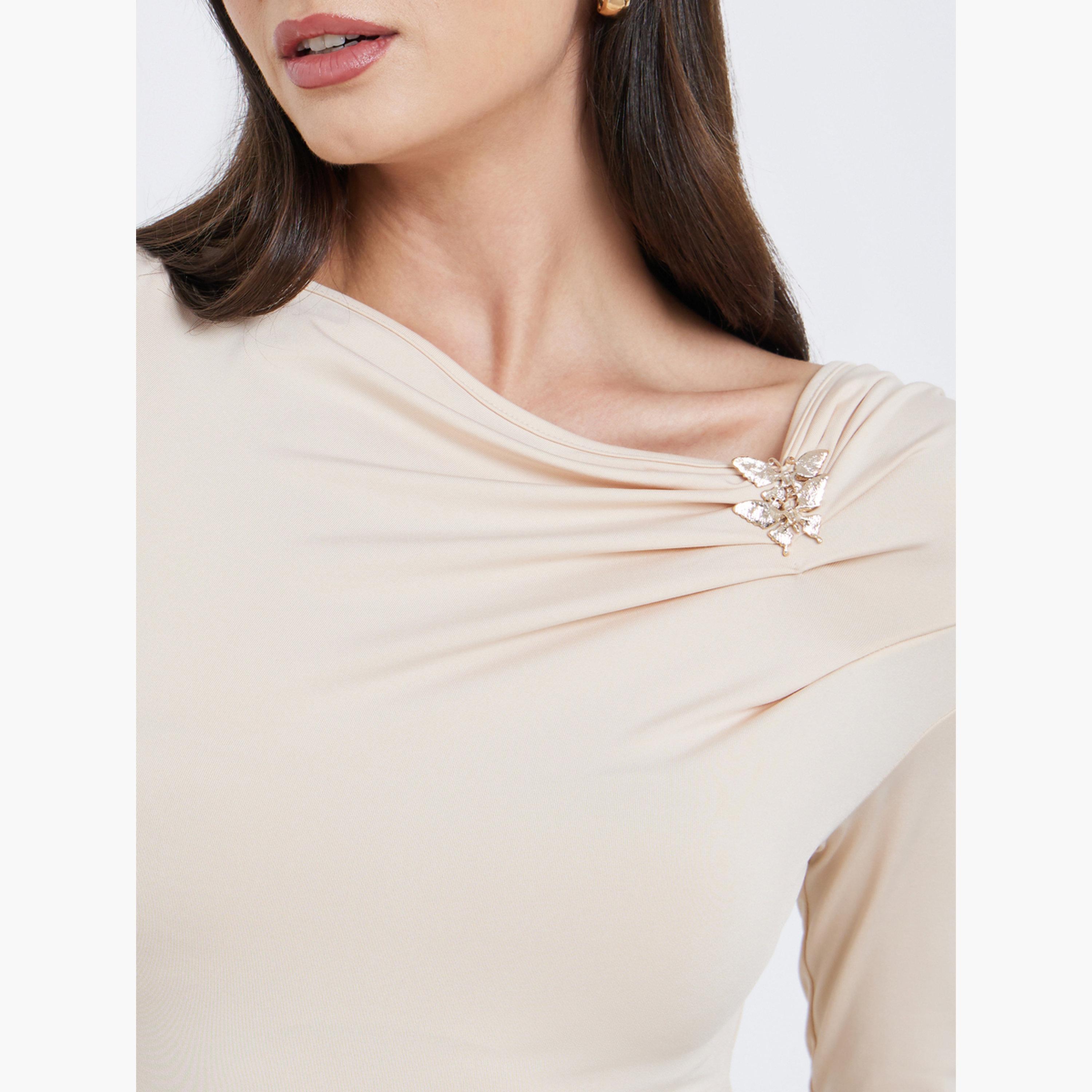 Styli Beige Asymmetric Neck Top with Butterfly Metal-women-clothing-tshirts-image-4