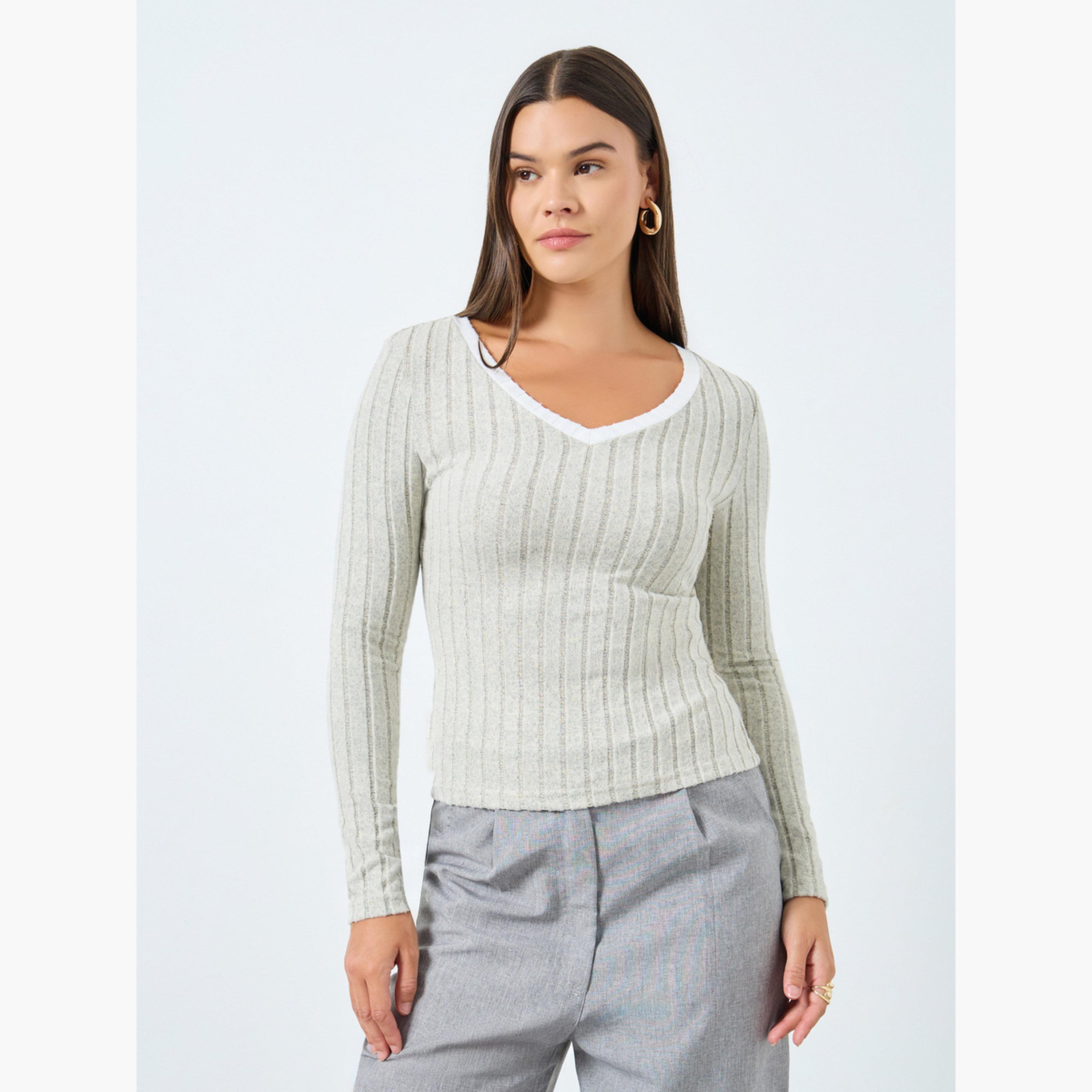 Styli Women Grey Ribbed V Neck Slim Fit T-Shirt with Contrast Trim-women-clothing-tshirts-image-1