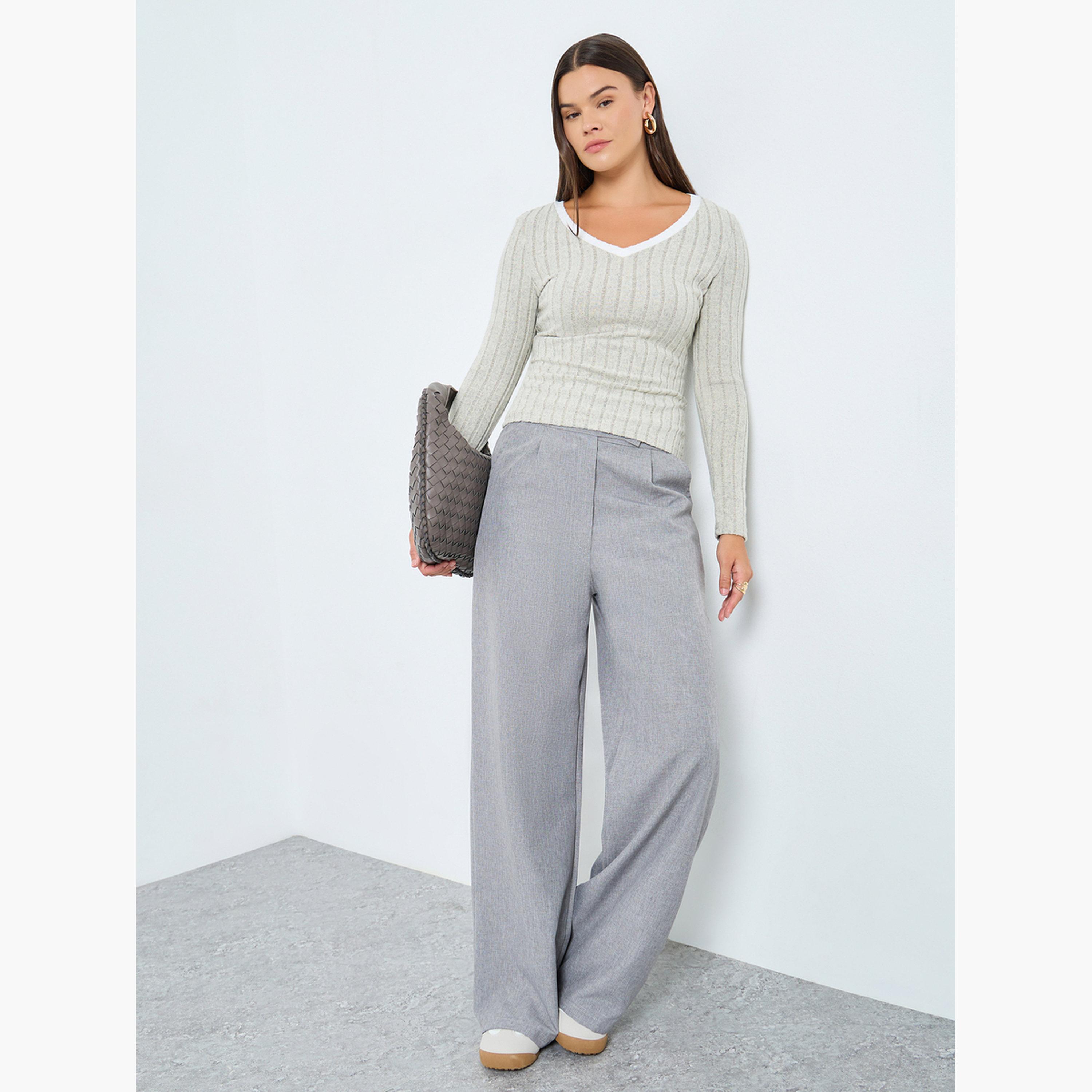 Styli Women Grey Ribbed V Neck Slim Fit T-Shirt with Contrast Trim-women-clothing-tshirts-image-2