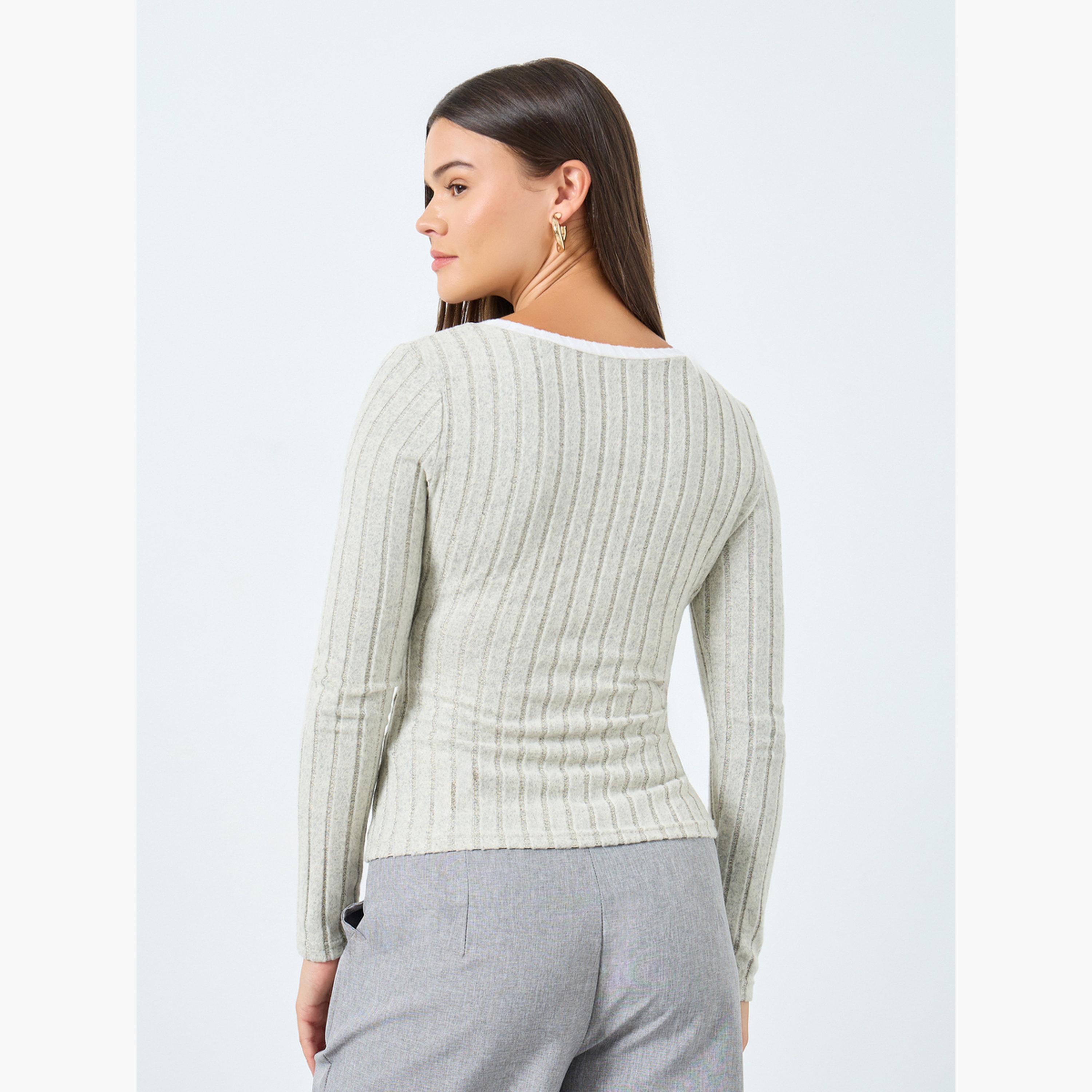 Styli Women Grey Ribbed V Neck Slim Fit T-Shirt with Contrast Trim-women-clothing-tshirts-image-4