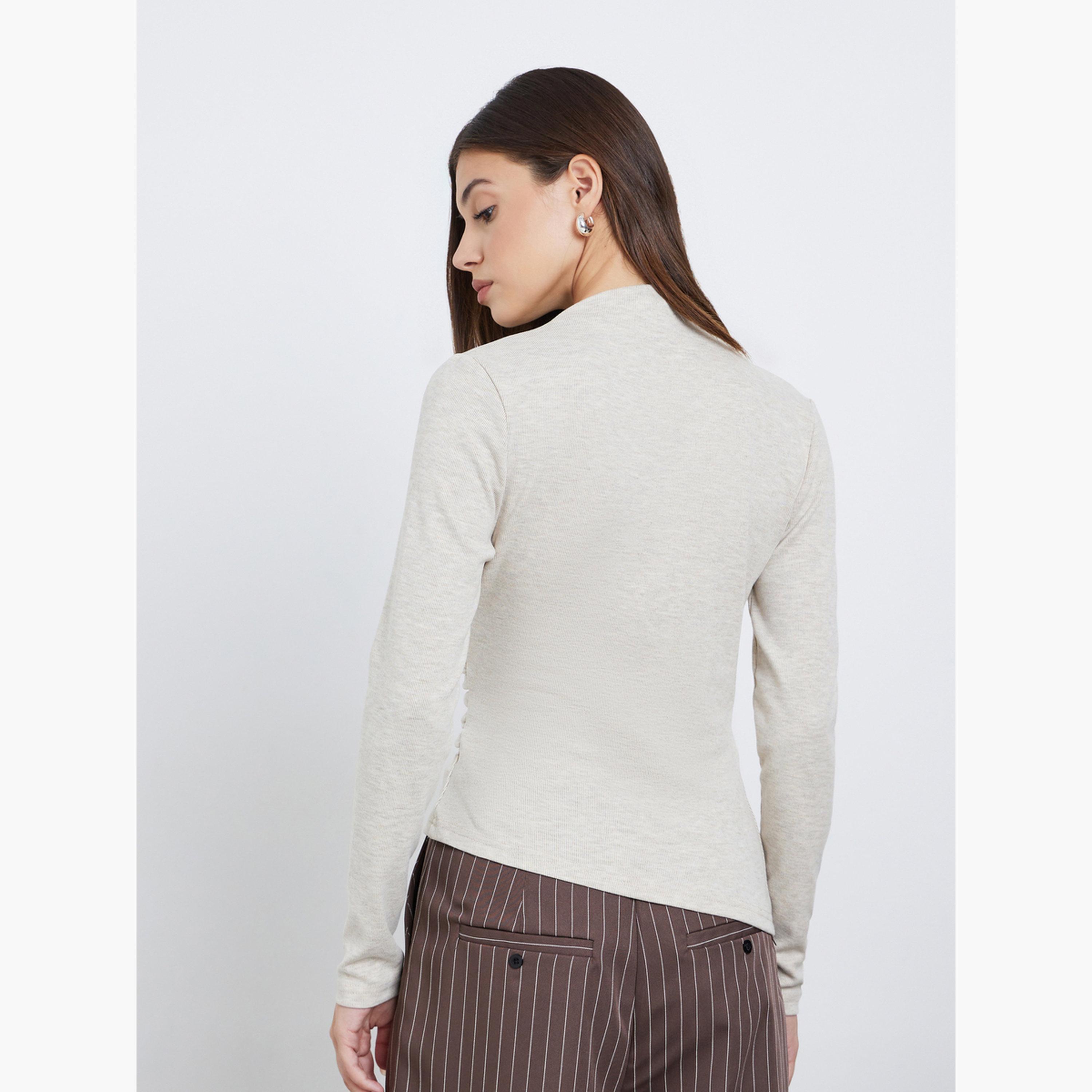 ستايلي - تي شيرت بيج محبوك بياقة عالية وتصميم نحيف-women-clothing-tshirts-image-5
