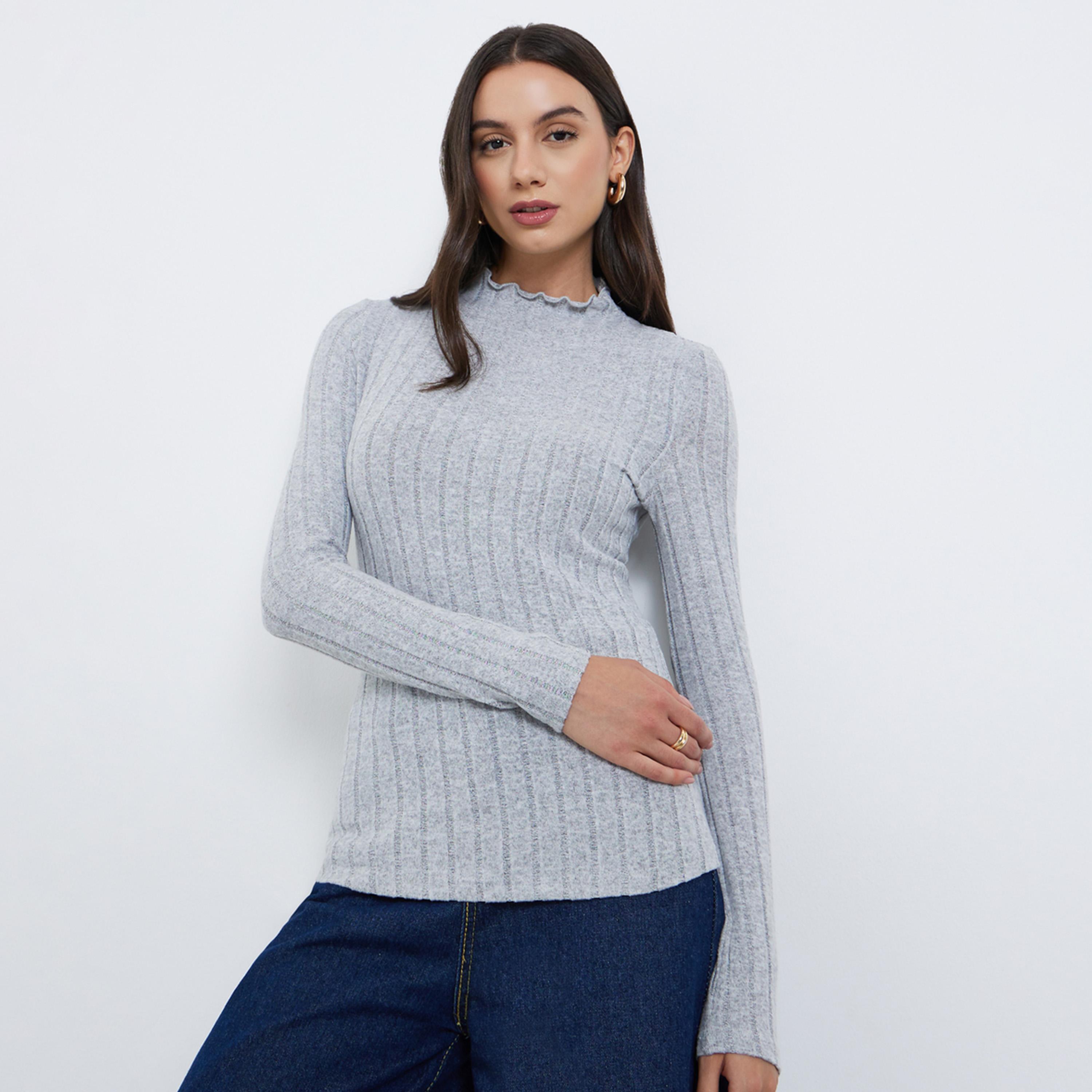 ستايلي - تي شيرت رمادي مضلع بياقة عالية وتصميم نحيف وحافة خس-women-clothing-tshirts-image-1