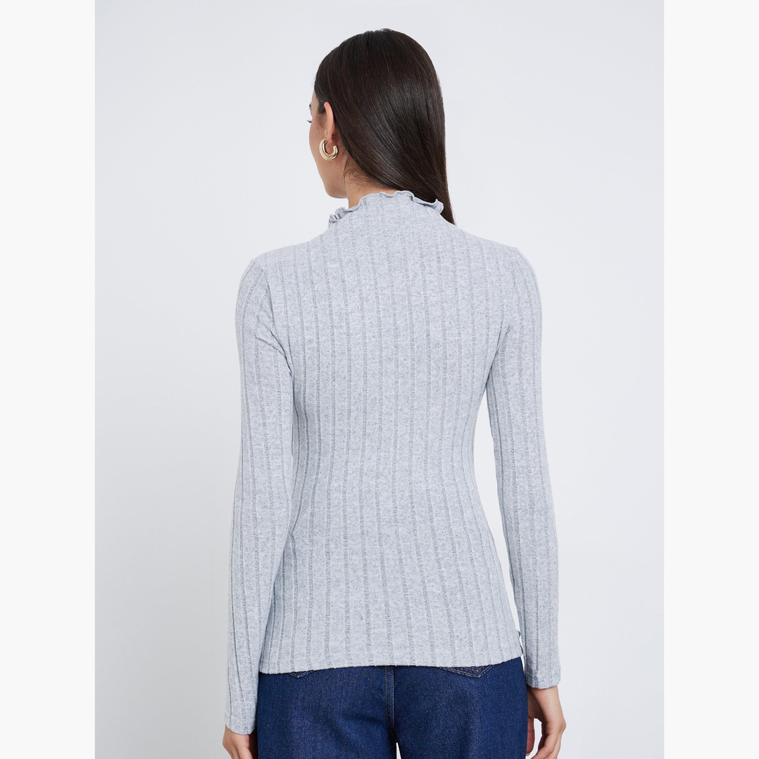ستايلي - تي شيرت رمادي مضلع بياقة عالية وتصميم نحيف وحافة خس-women-clothing-tshirts-image-4