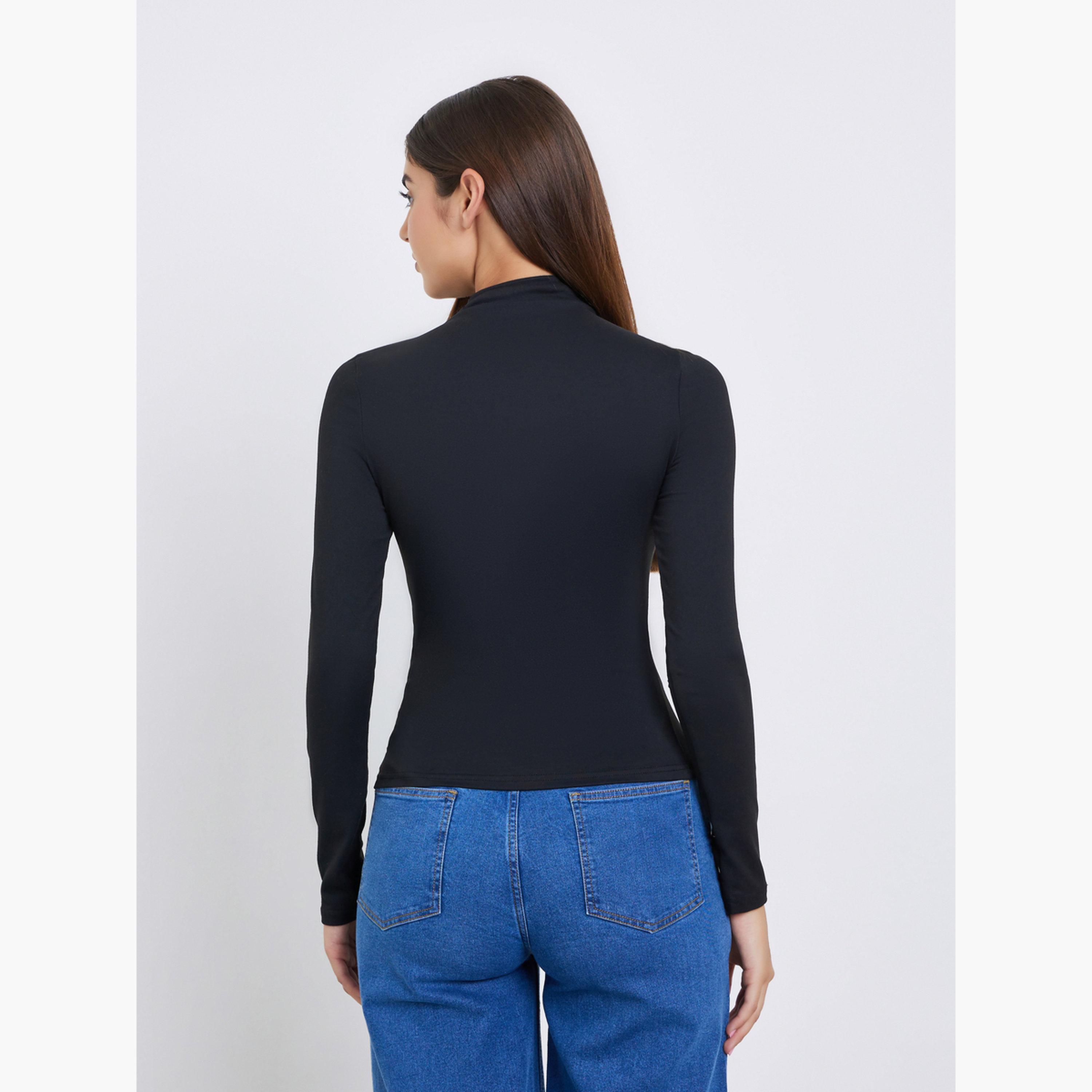 Styli Women Black Solid Cut Out Front Slim Fit T-Shirt with Metal Trim-women-clothing-tshirts-image-5