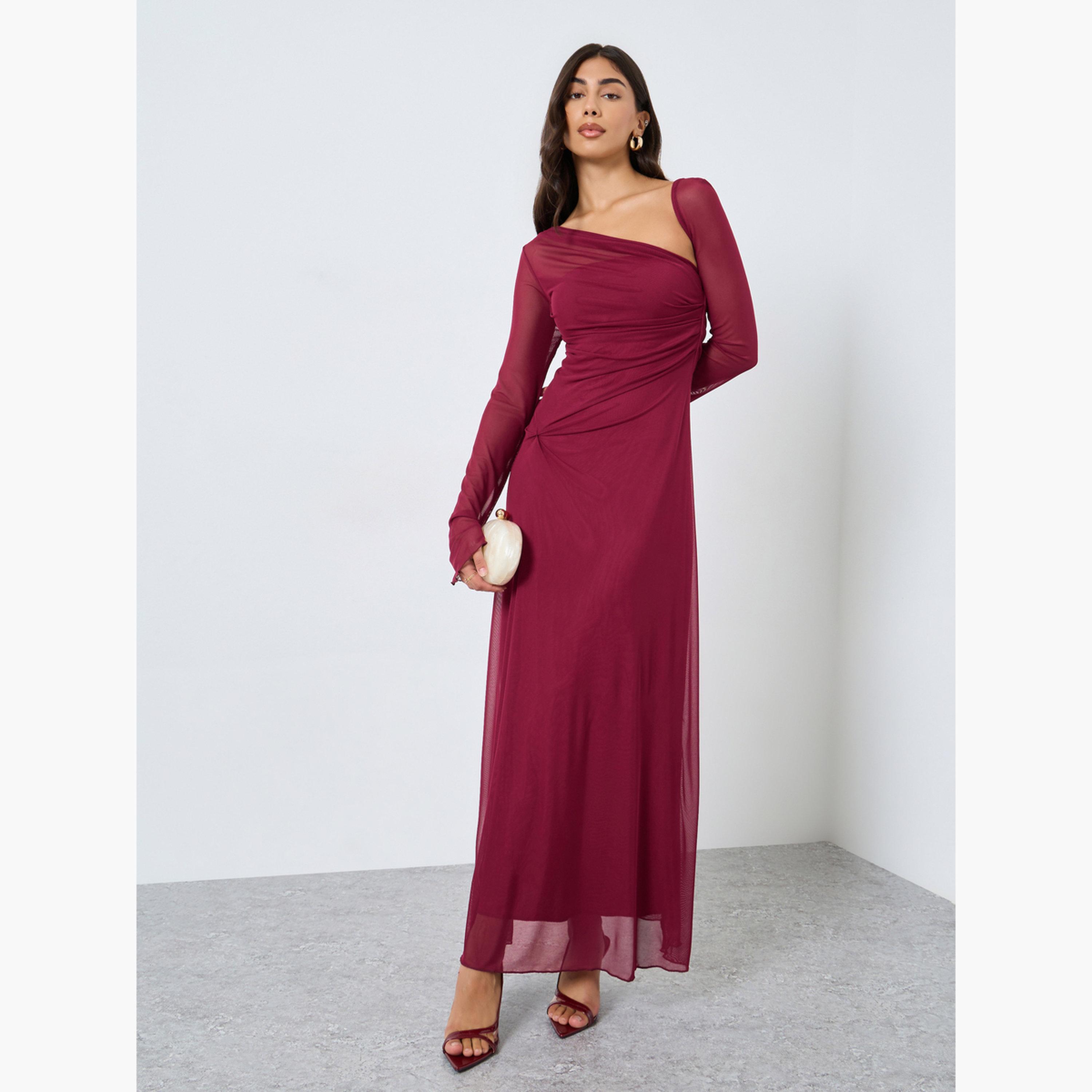 ستايلي - فستان سهرة ماكسي برغندي برقبة غير متماثلة للنساء-women-clothing-dresses-image-1