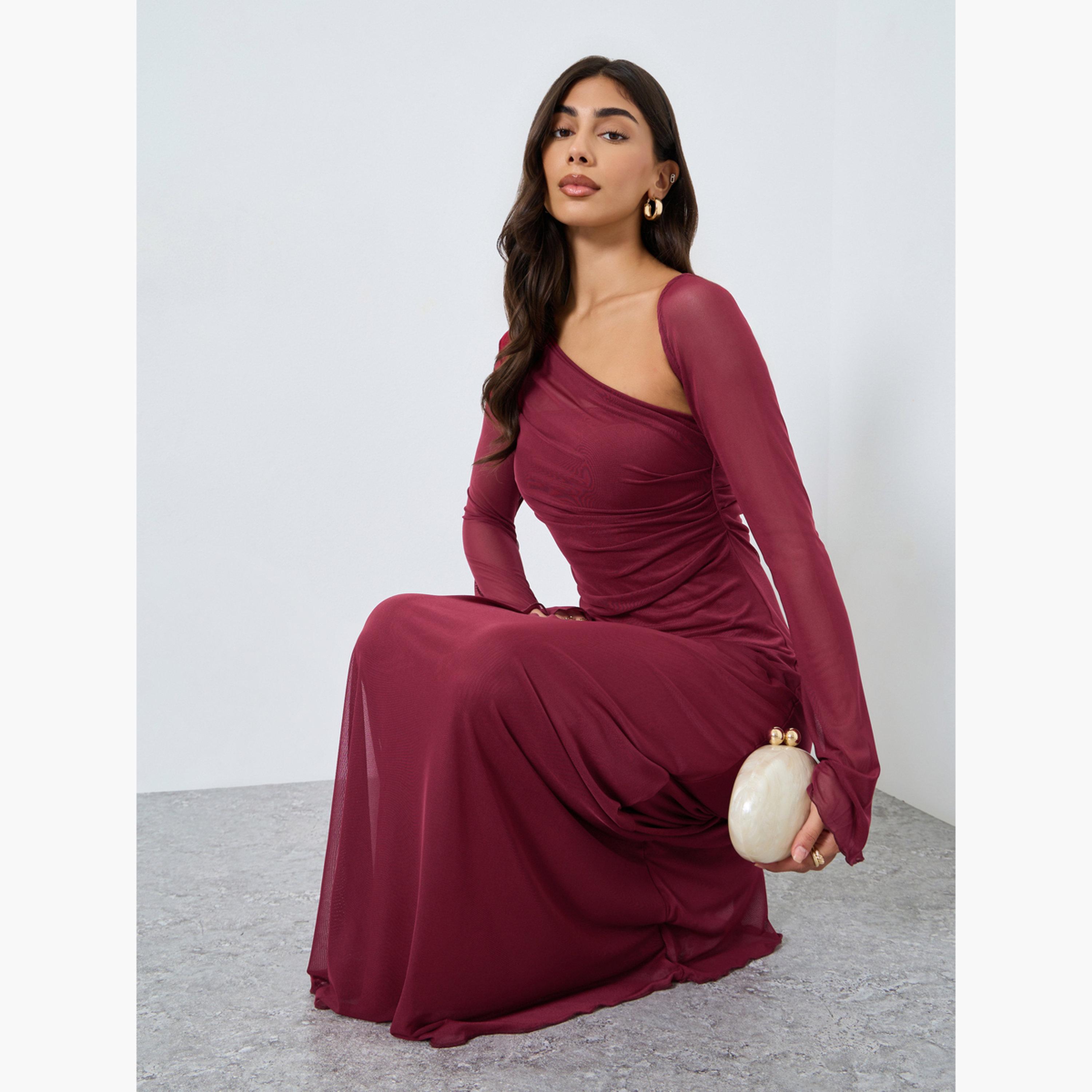 Styli Women Burgundy Asymmetric Neck Maxi Evening Dress-women-clothing-dresses-image-2