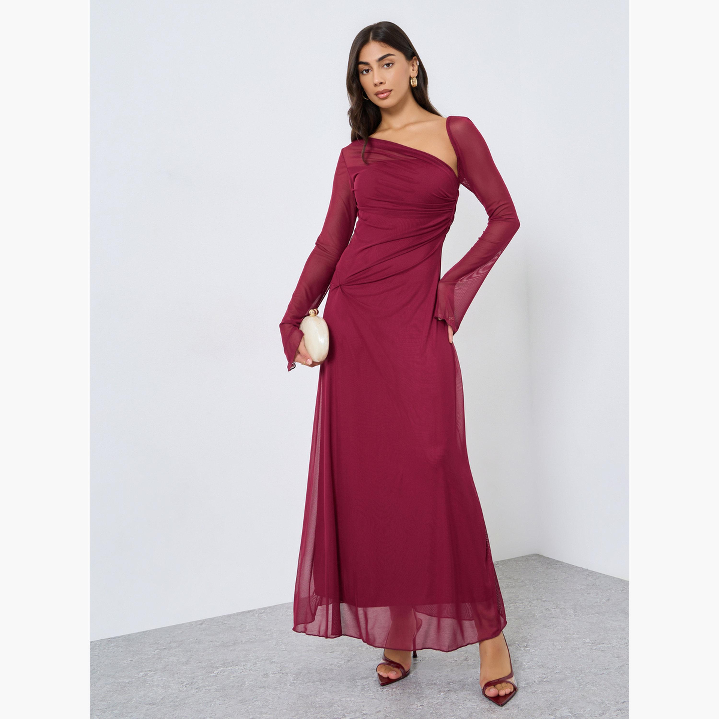 Styli Women Burgundy Asymmetric Neck Maxi Evening Dress-women-clothing-dresses-image-3