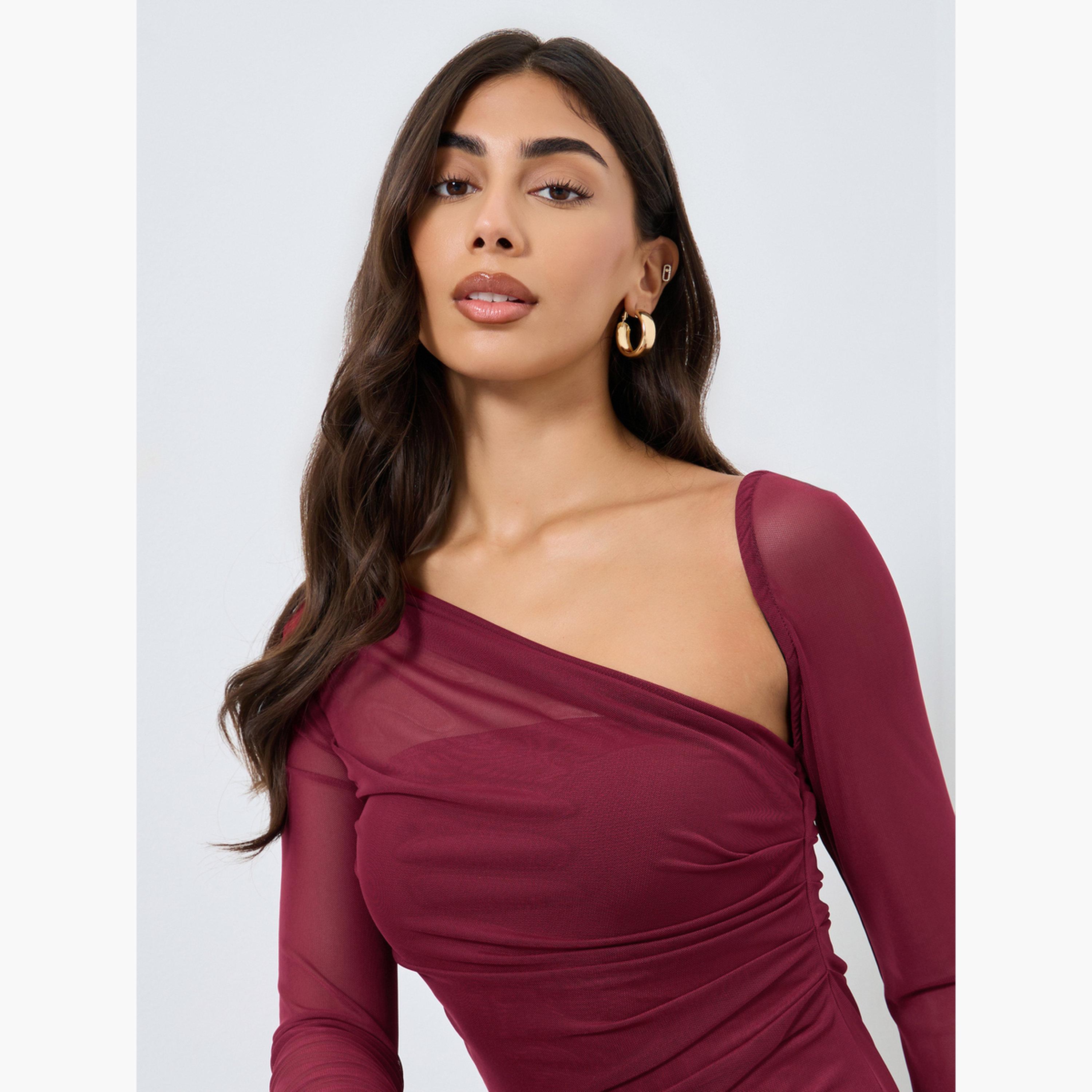 ستايلي - فستان سهرة ماكسي برغندي برقبة غير متماثلة للنساء-women-clothing-dresses-image-4