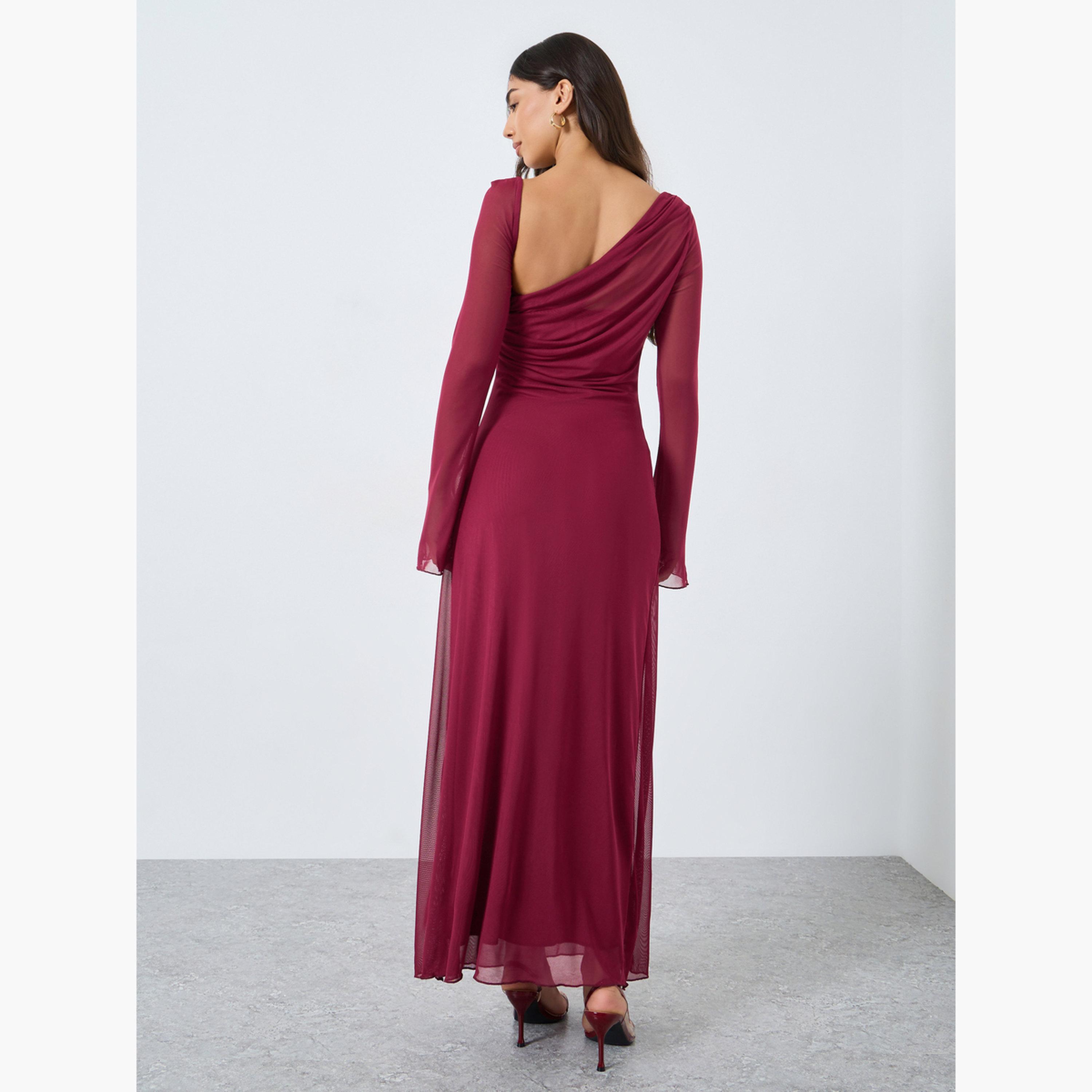 Styli Women Burgundy Asymmetric Neck Maxi Evening Dress-women-clothing-dresses-image-5