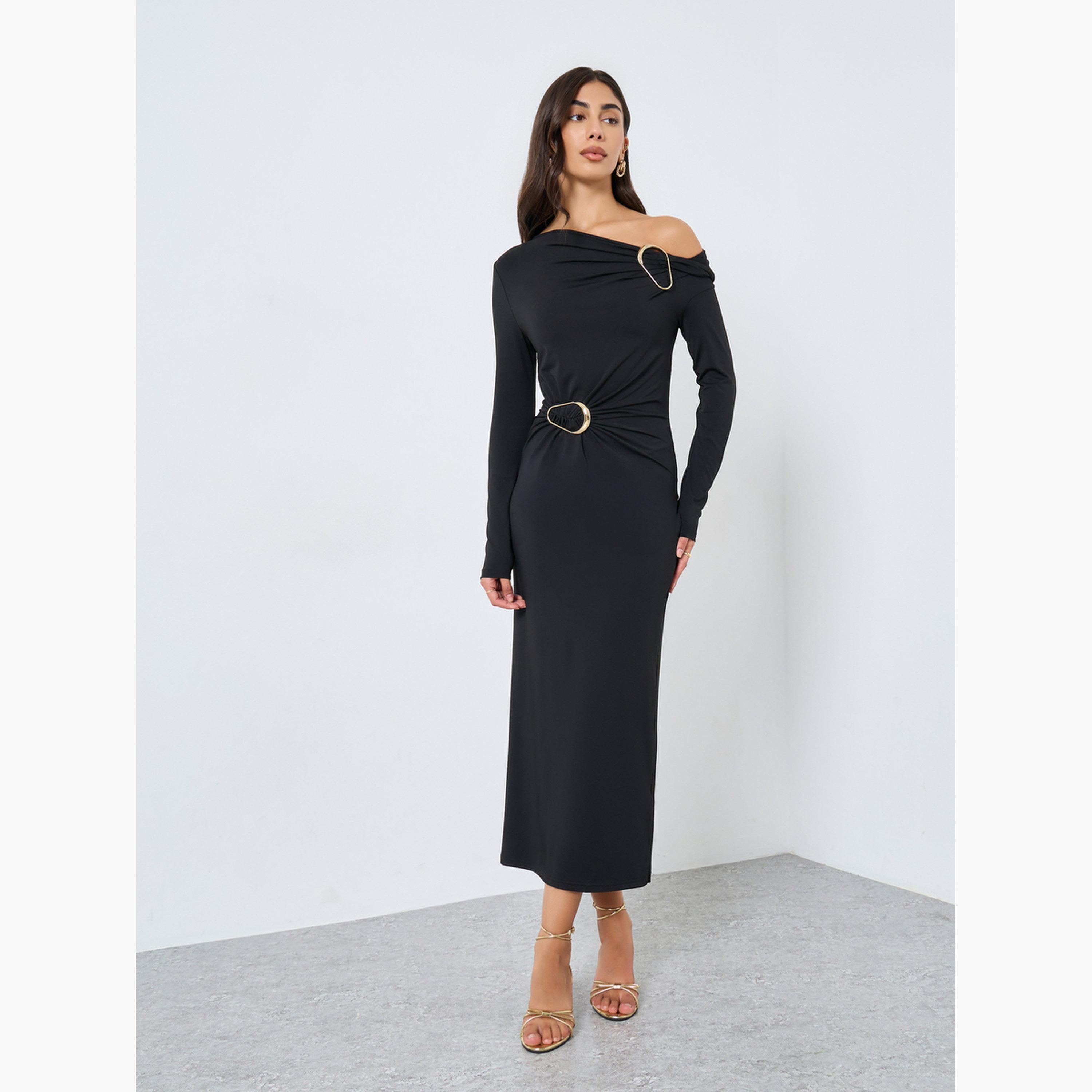 ستايلي - فستان أسود متوسط ​​الطول برقبة غير متماثلة مع مشبك للنساء-women-clothing-dresses-image-1