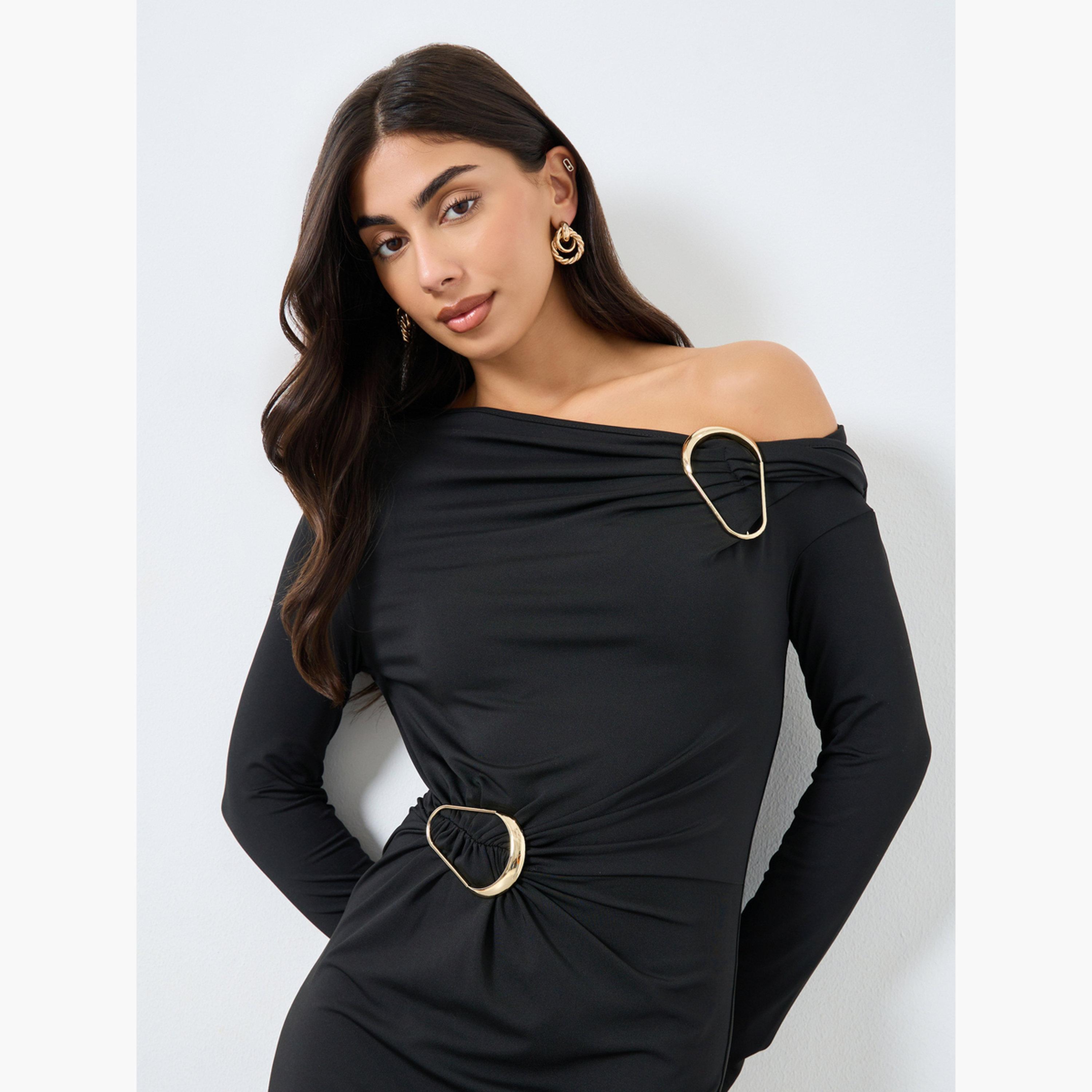 ستايلي - فستان أسود متوسط ​​الطول برقبة غير متماثلة مع مشبك للنساء-women-clothing-dresses-image-2