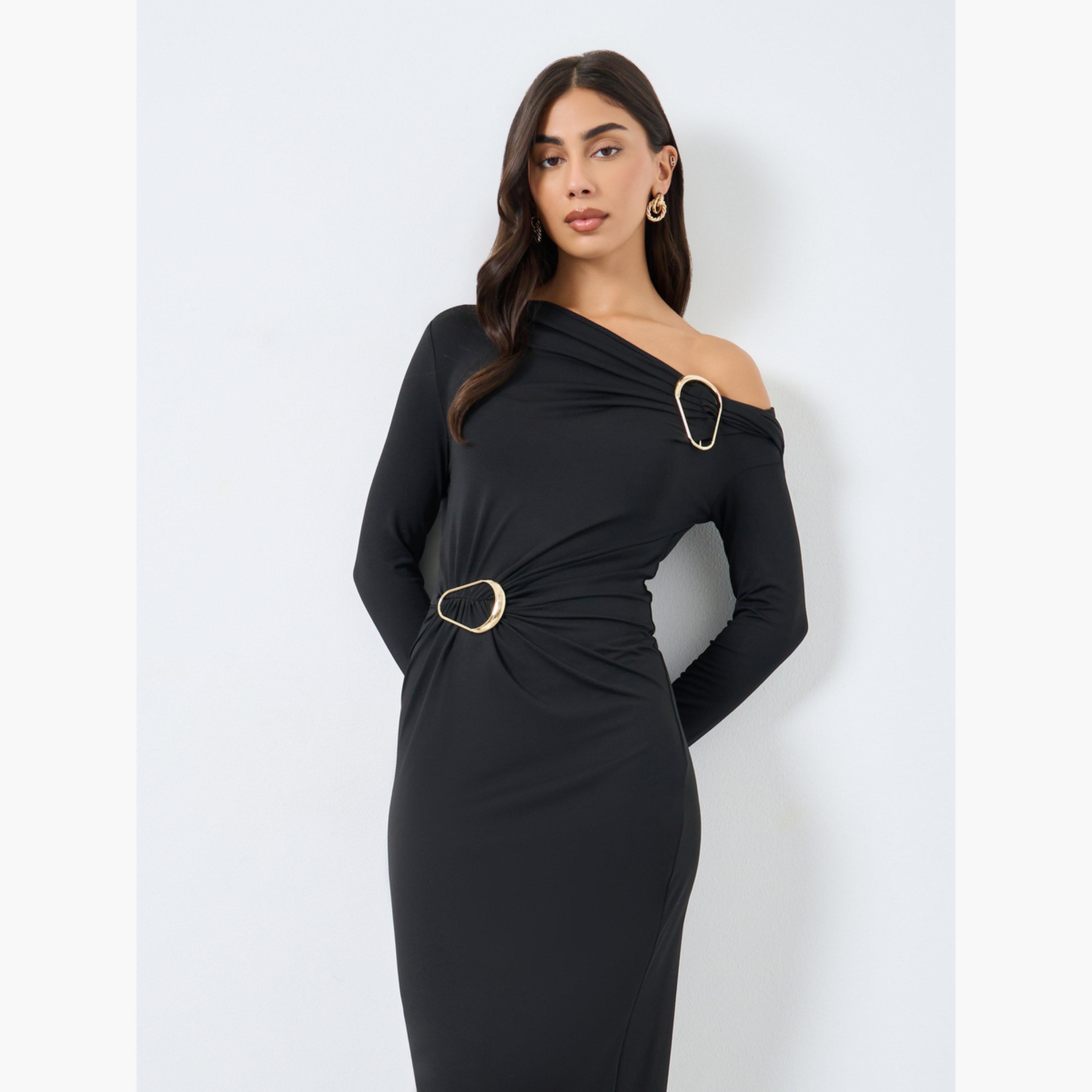 ستايلي - فستان أسود متوسط ​​الطول برقبة غير متماثلة مع مشبك للنساء-women-clothing-dresses-image-3