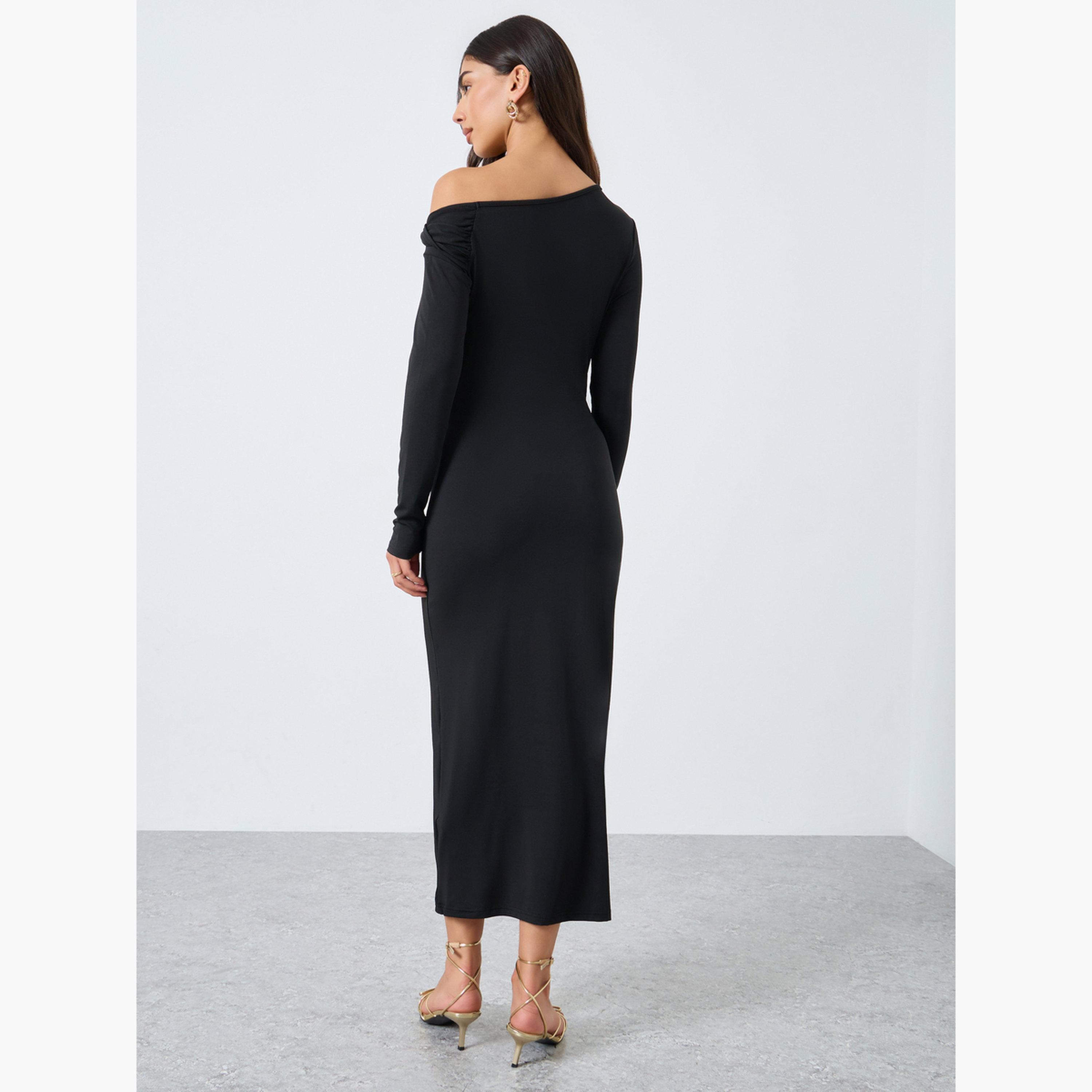 ستايلي - فستان أسود متوسط ​​الطول برقبة غير متماثلة مع مشبك للنساء-women-clothing-dresses-image-4