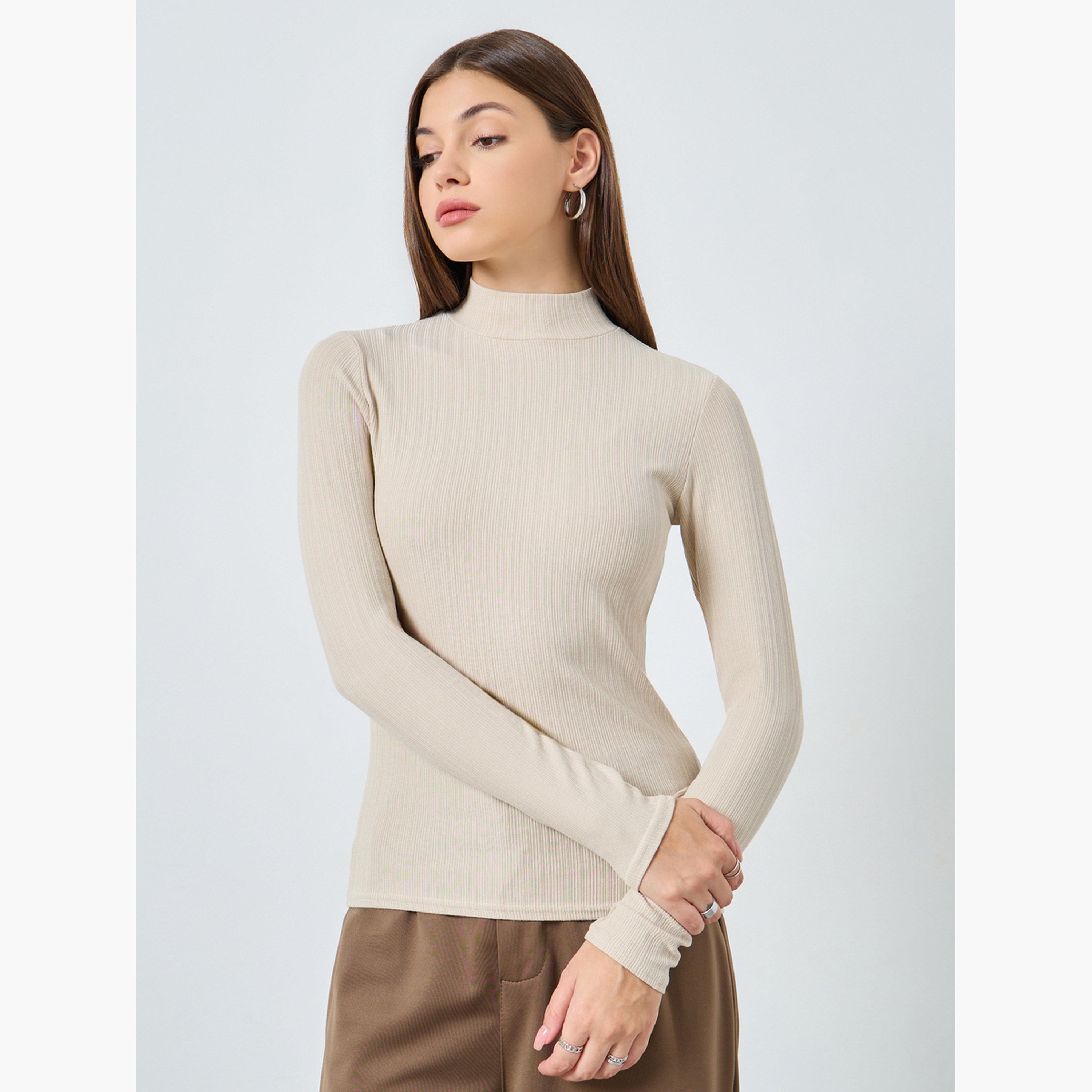 Styli Women Beige Ribbed Knit Long Sleeve Top-women-clothing-tshirts-image-1