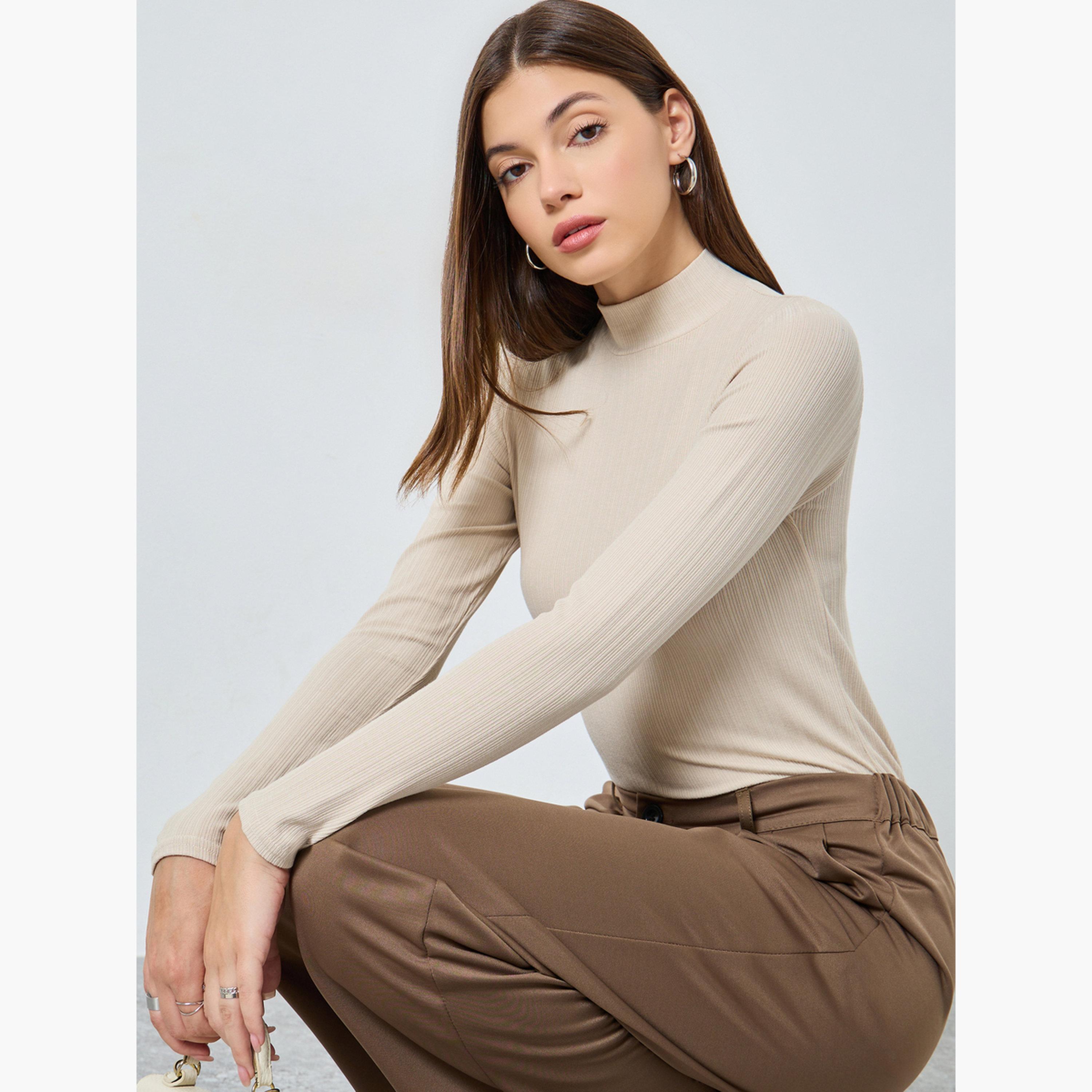 Styli Women Beige Ribbed Knit Long Sleeve Top-women-clothing-tshirts-image-3