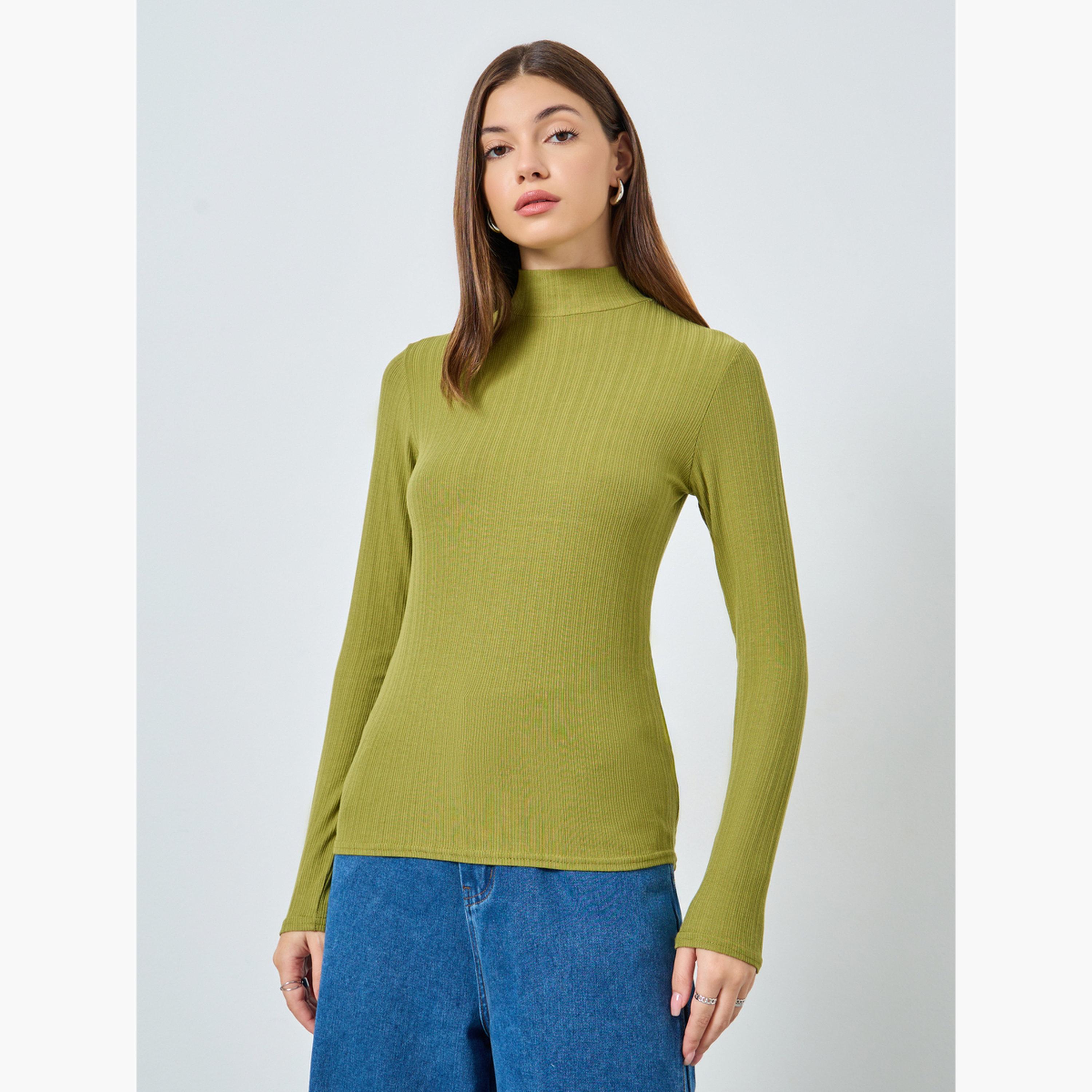 ستايلي - بلوزة خضراء محبوكة ذات رقبة عالية ومضلعة للنساء-women-clothing-tshirts-image-1