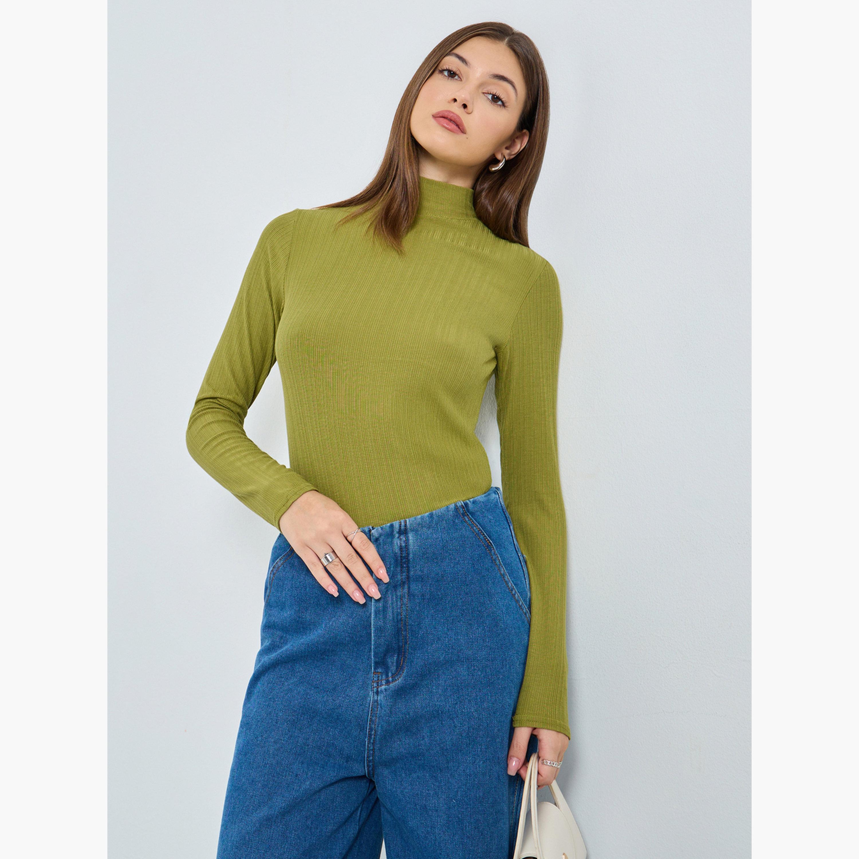 Styli Women Green Ribbed Knit High Neck Top-women-clothing-tshirts-image-3