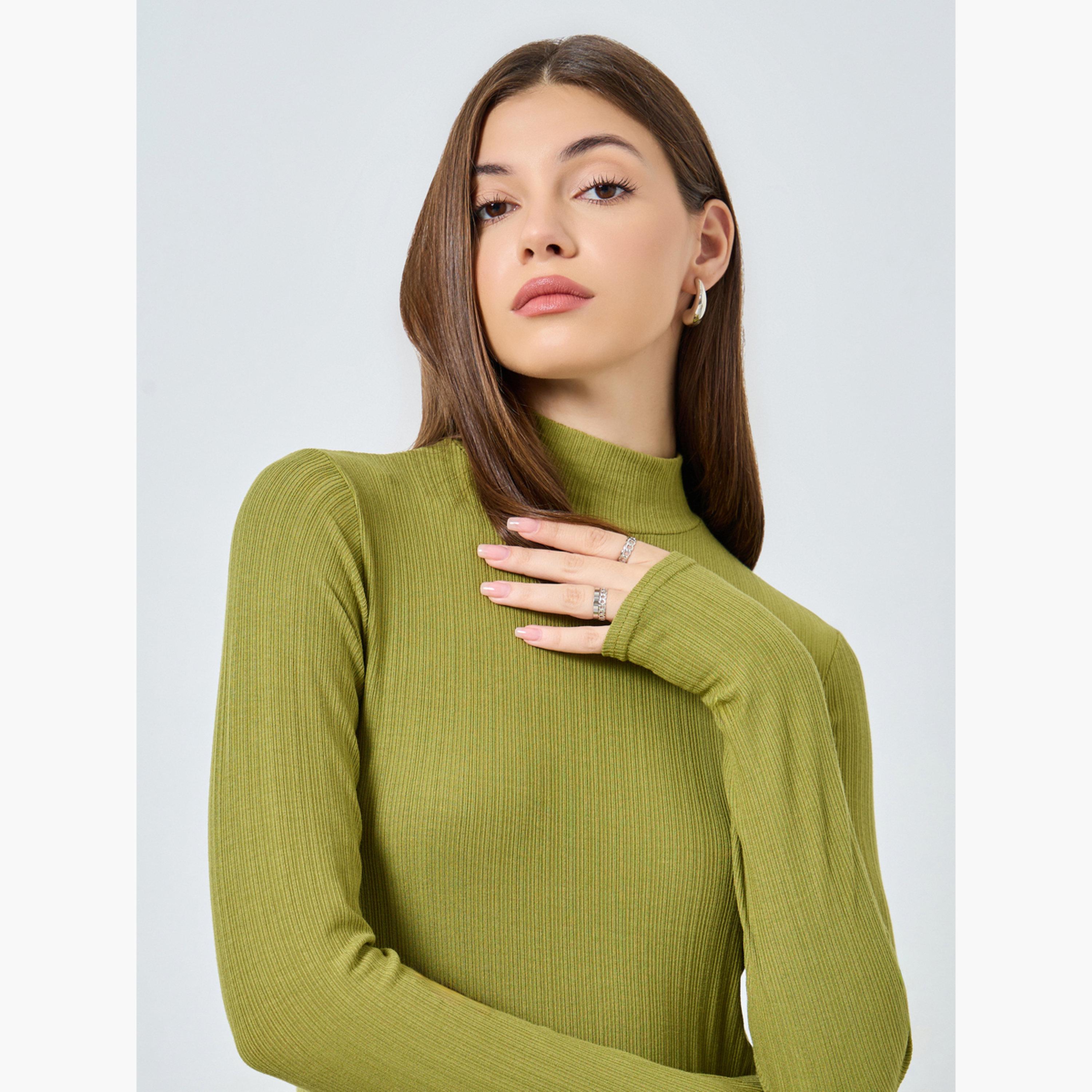 Styli Women Green Ribbed Knit High Neck Top-women-clothing-tshirts-image-4