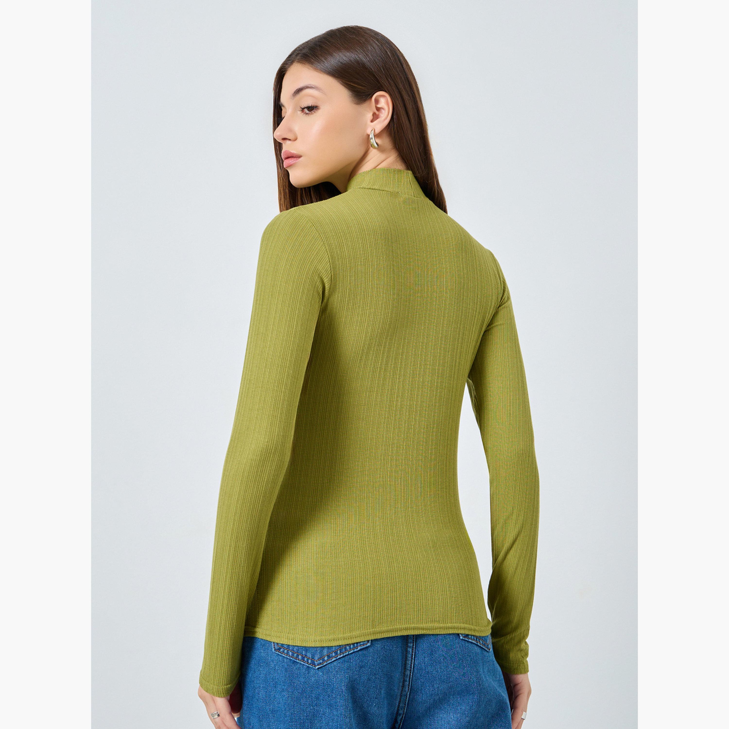 Styli Women Green Ribbed Knit High Neck Top-women-clothing-tshirts-image-5