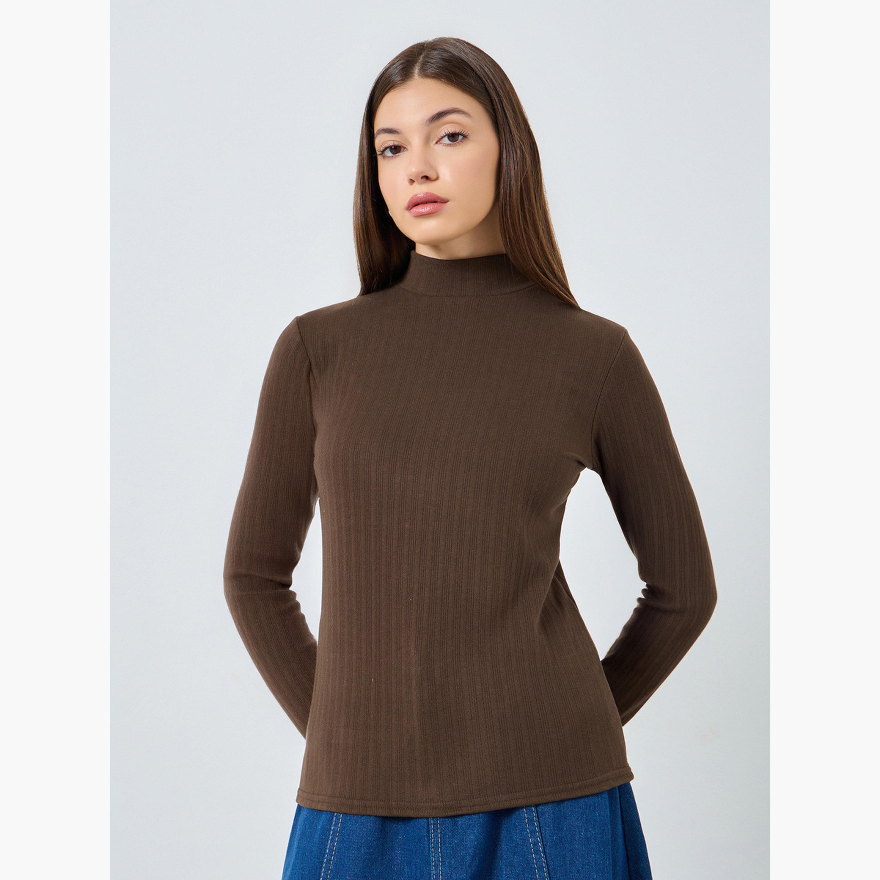 ستايلي - بلوزة بنية اللون محبوكة ومضلعة ورقبة وهمية للنساء-women-clothing-tshirts-image-1