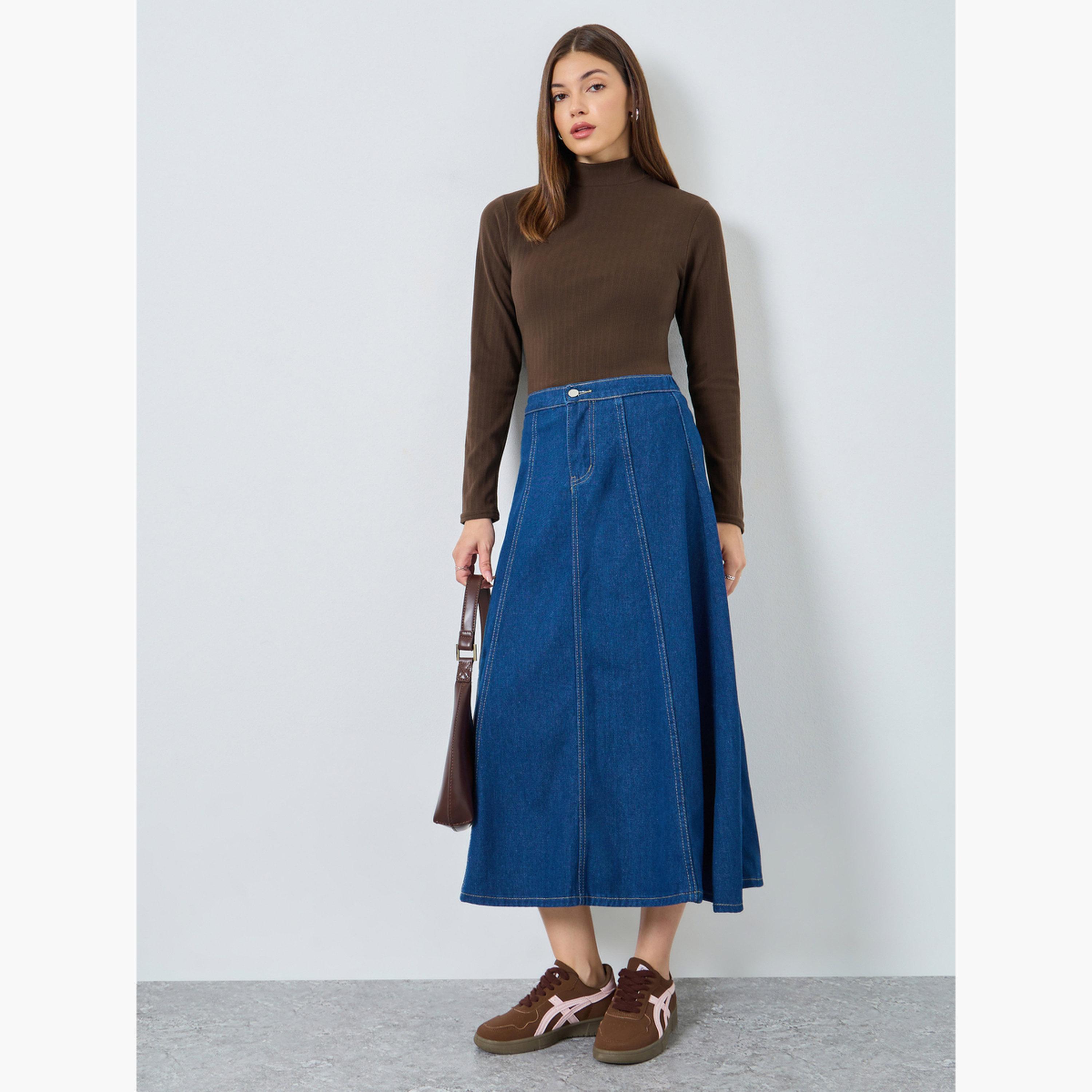 ستايلي - بلوزة بنية اللون محبوكة ومضلعة ورقبة وهمية للنساء-women-clothing-tshirts-image-2