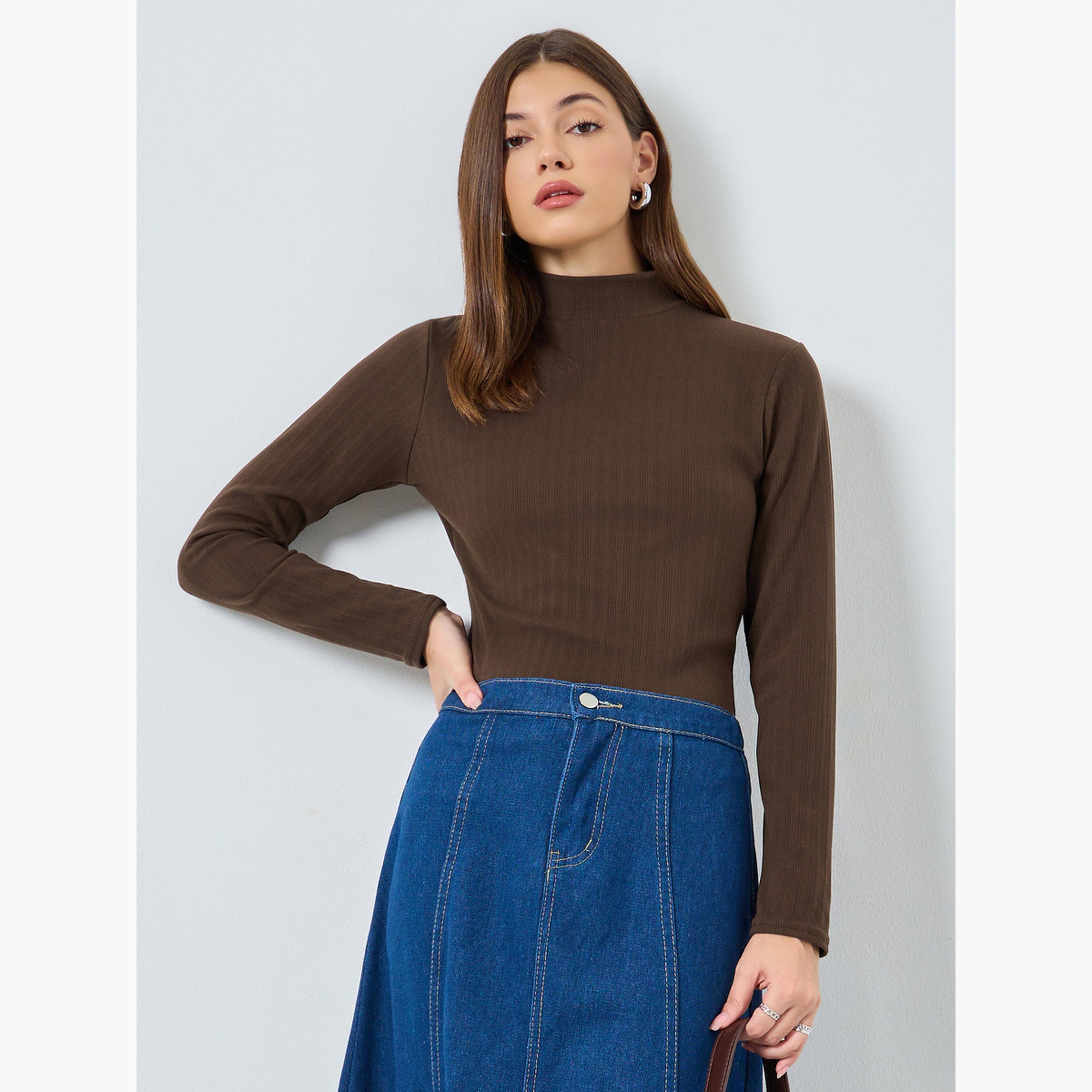 ستايلي - بلوزة بنية اللون محبوكة ومضلعة ورقبة وهمية للنساء-women-clothing-tshirts-image-3