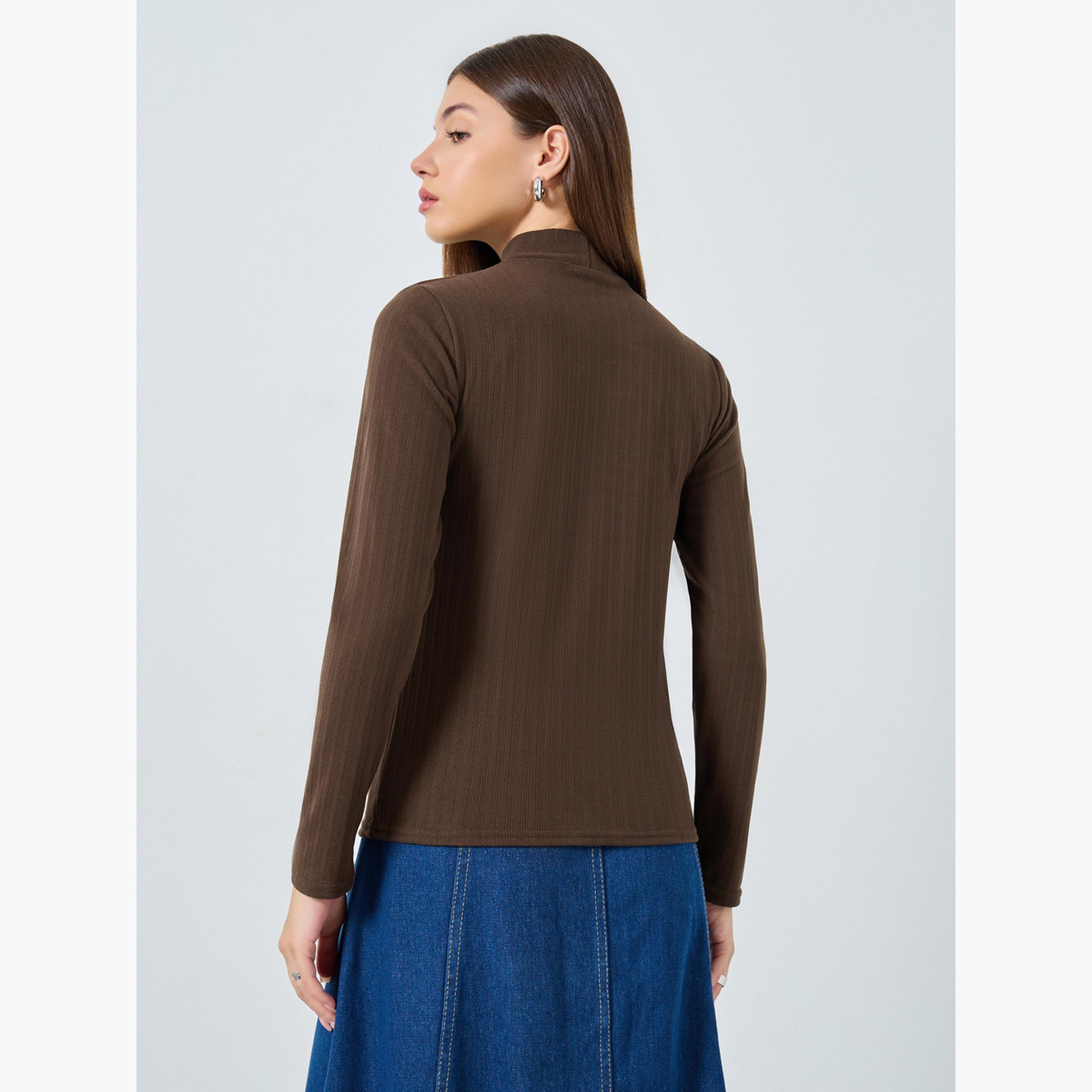 ستايلي - بلوزة بنية اللون محبوكة ومضلعة ورقبة وهمية للنساء-women-clothing-tshirts-image-5