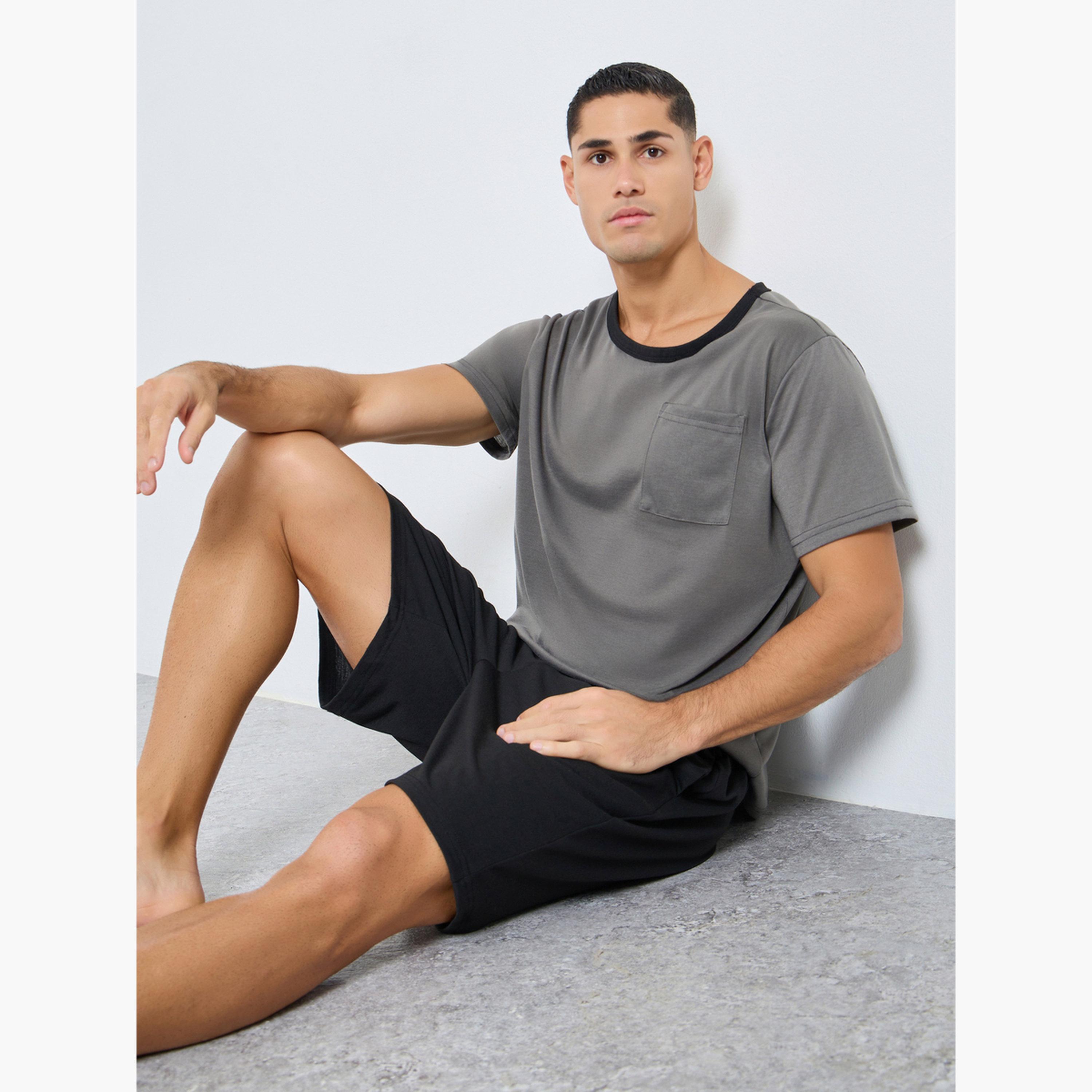 Styli Charcoal Grey Solid T-Shirt and Shorts Pyjama Set-men-clothing-nightwear-sets-image-2