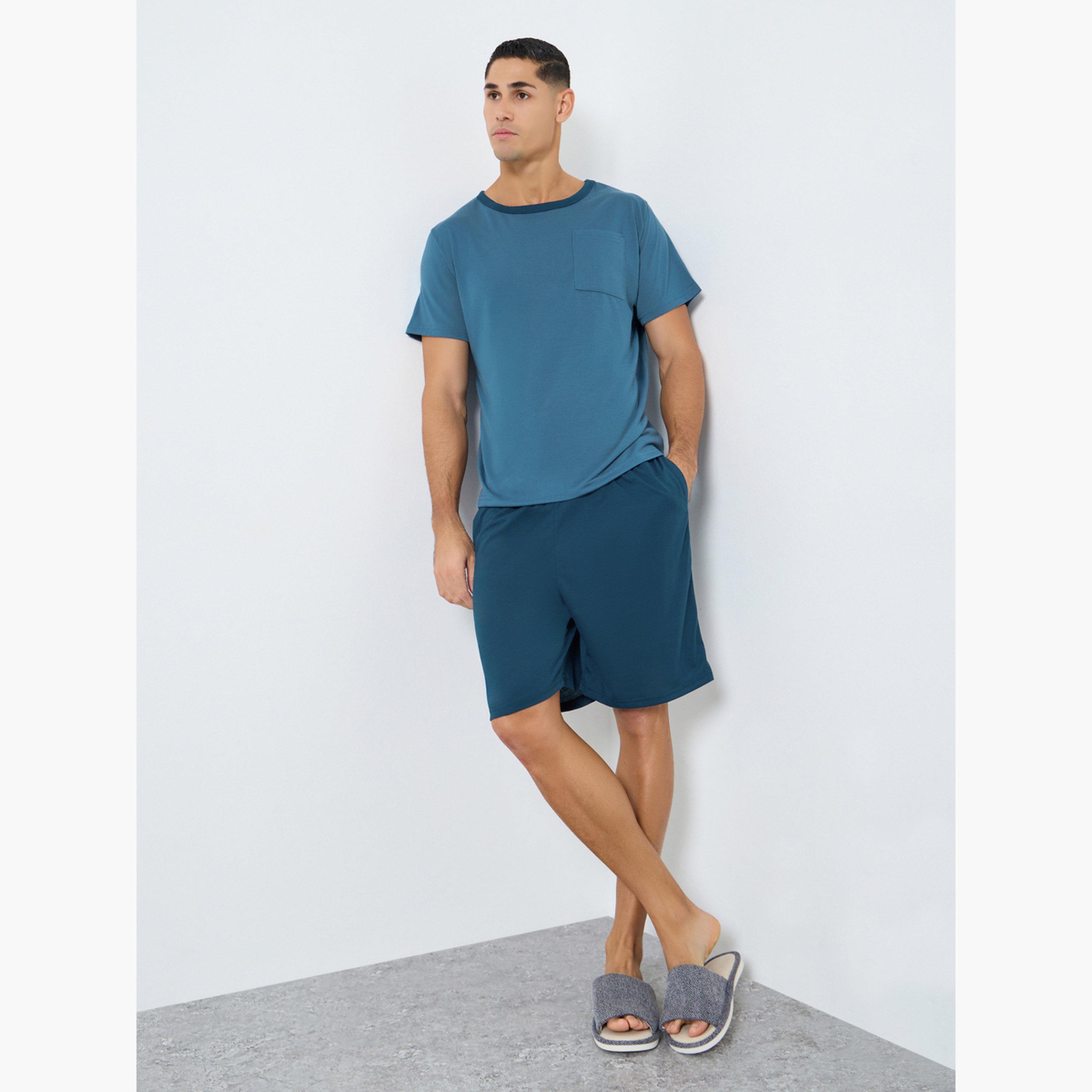 Styli Men Navy Blue Solid T-Shirt and Shorts Pyjama Set-men-clothing-nightwear-pyjamaandshorts-image-1