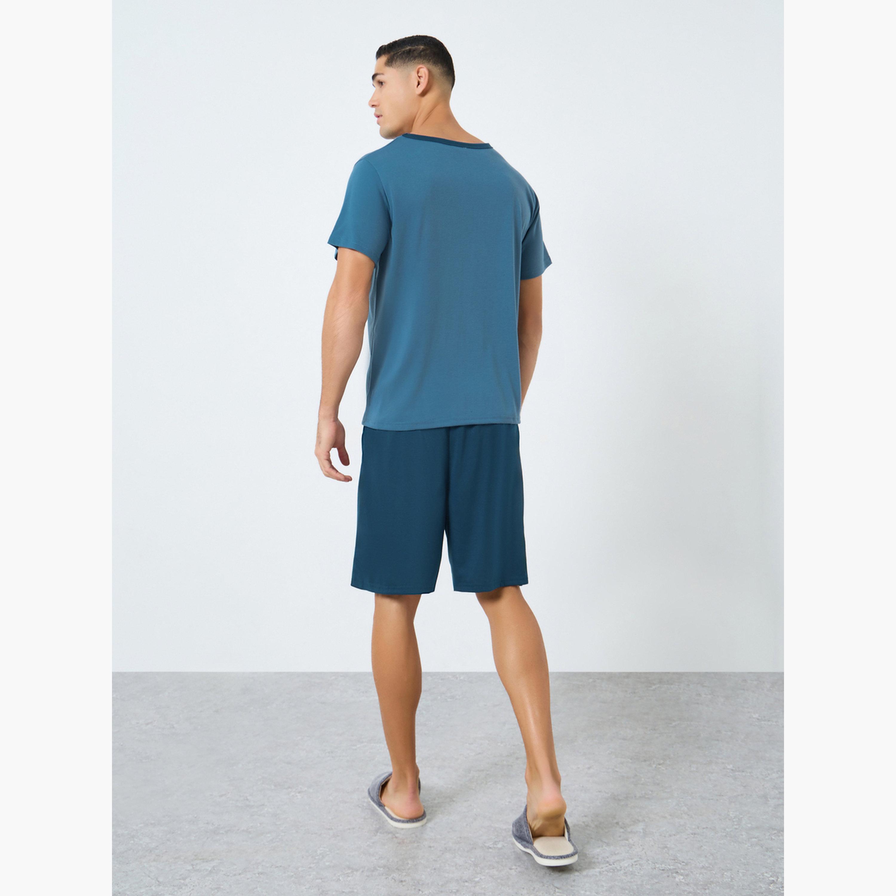 Styli Men Navy Blue Solid T-Shirt and Shorts Pyjama Set-men-clothing-nightwear-pyjamaandshorts-image-3