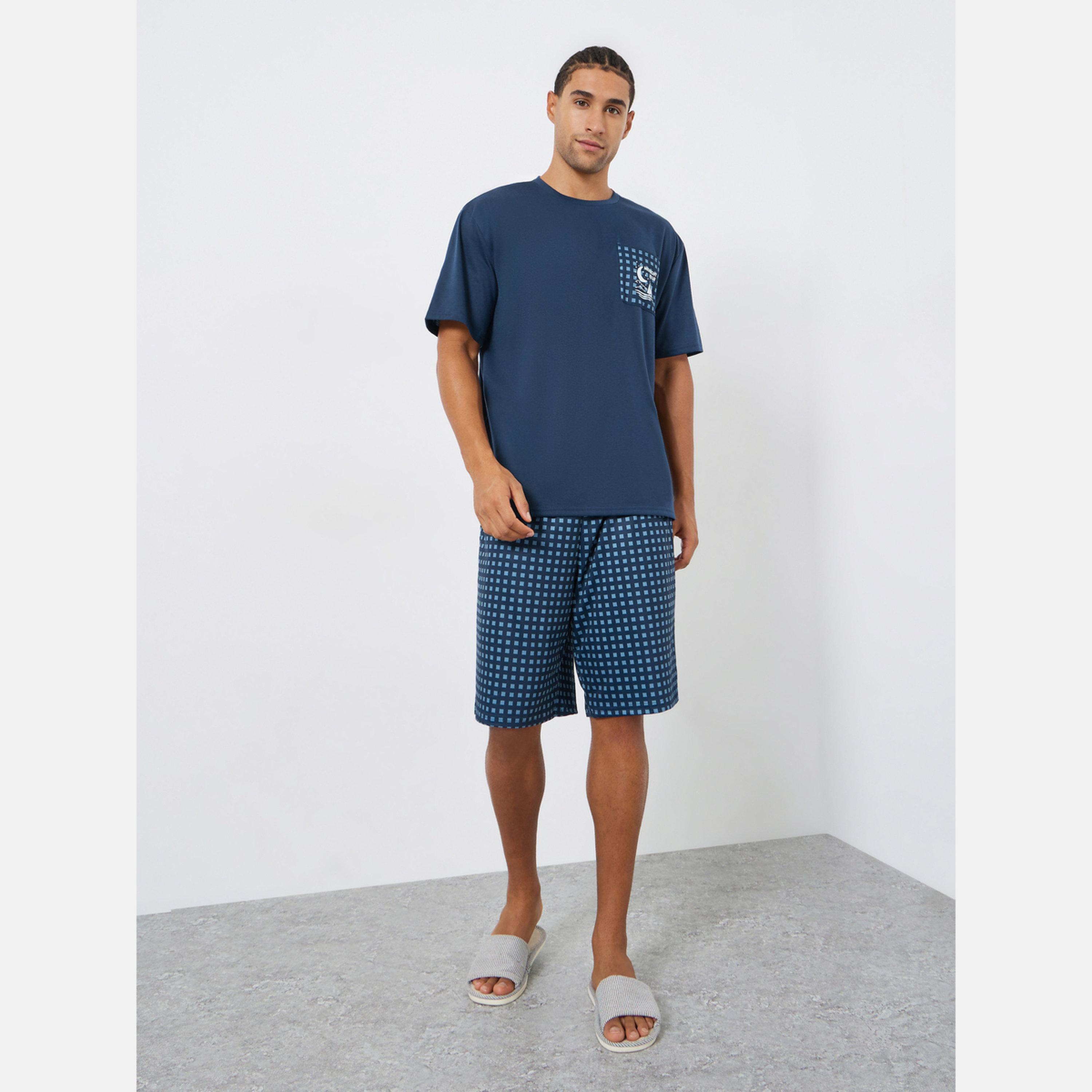 Styli Men Navy Checked Relaxed Fit T-Shirt and Shorts Set-men-clothing-nightwear-sets-image-1