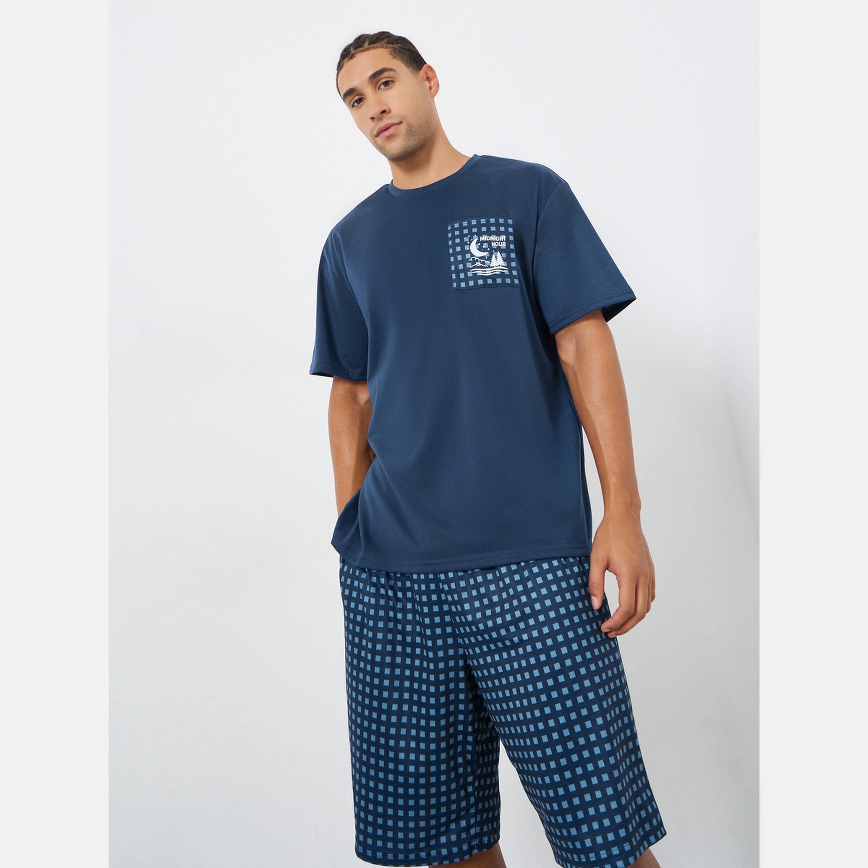 Styli Men Navy Checked Relaxed Fit T-Shirt and Shorts Set-men-clothing-nightwear-sets-image-3