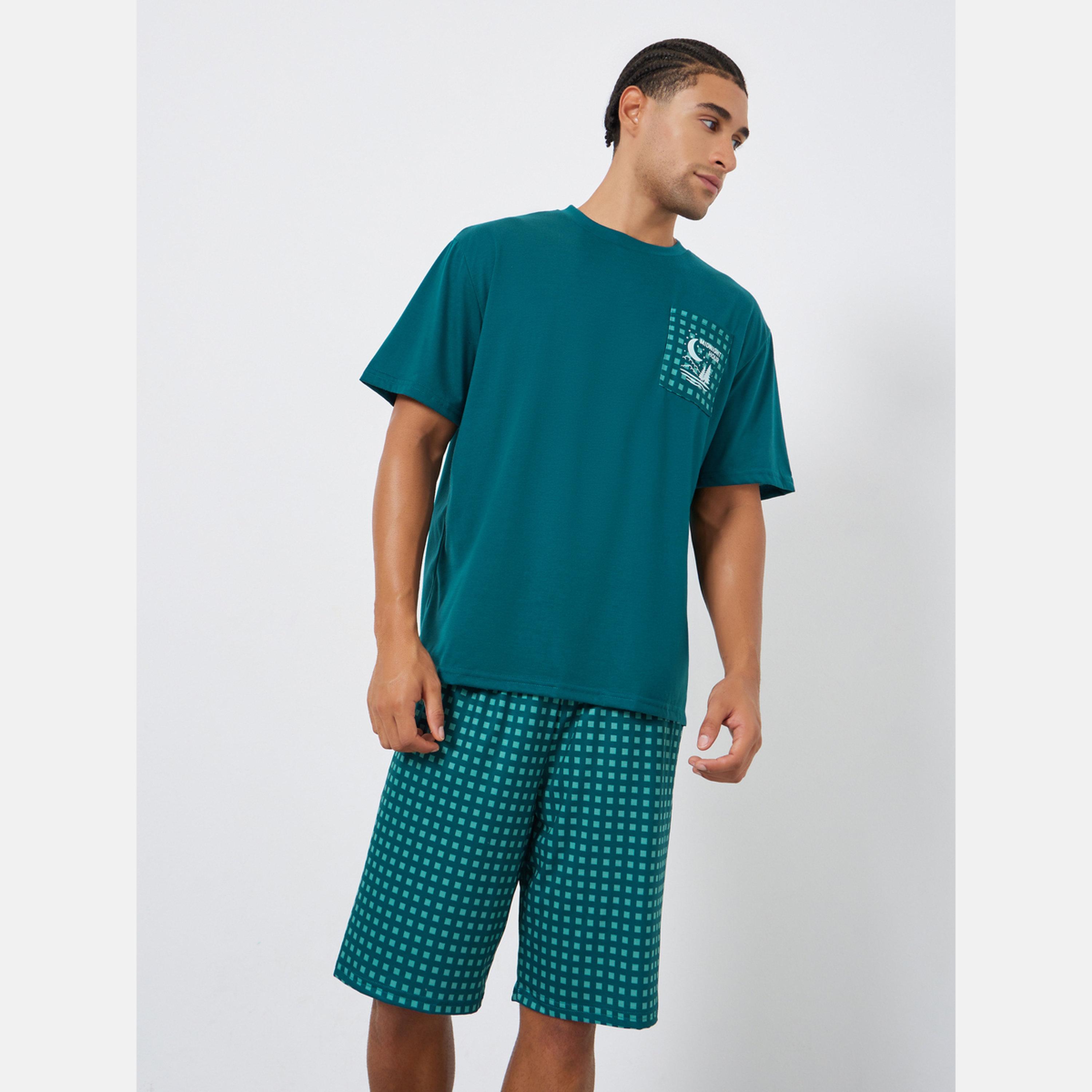 Styli Men Teal Checked Relaxed Fit T-Shirt and Shorts Set-men-clothing-nightwear-sets-image-1