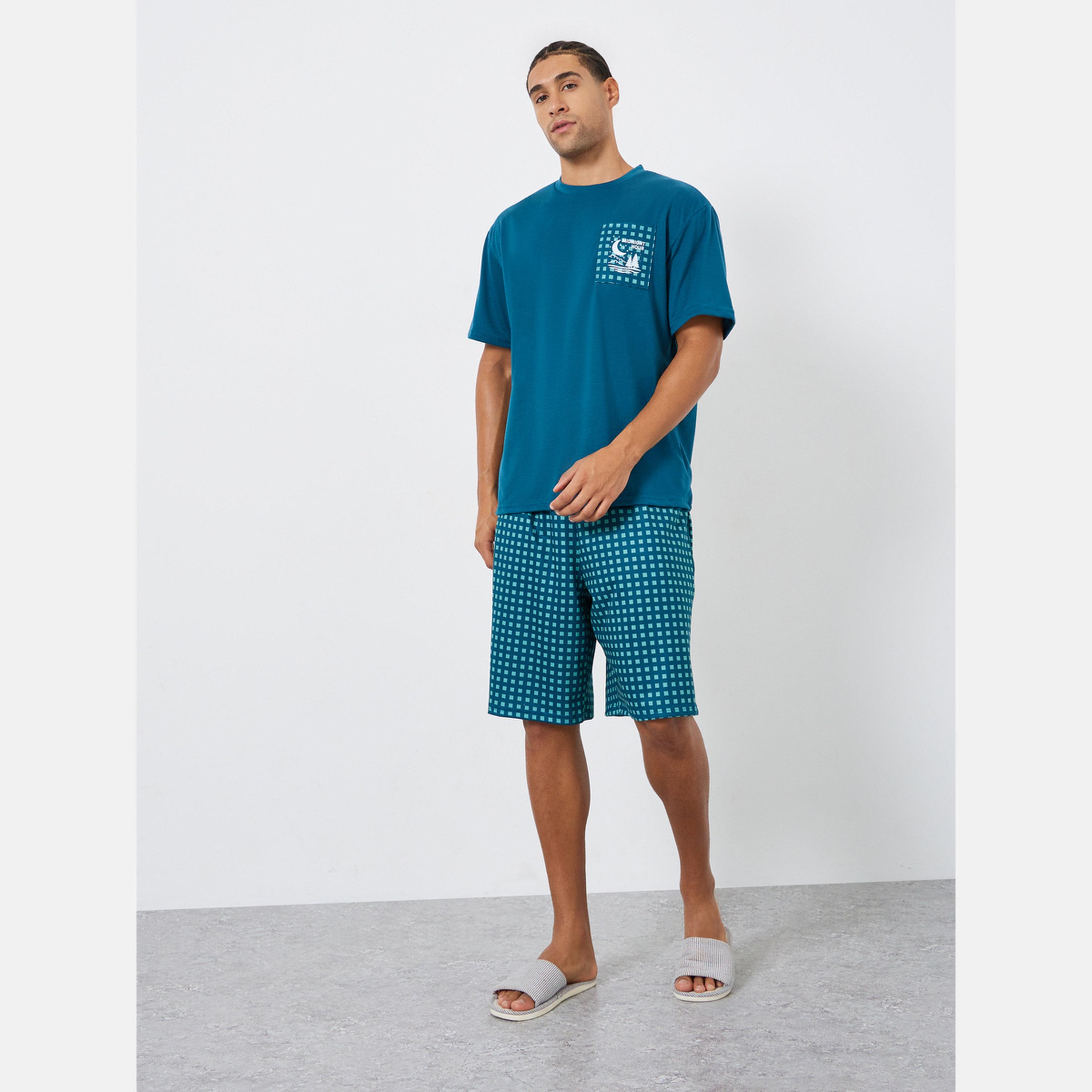Styli Men Teal Checked Relaxed Fit T-Shirt and Shorts Set-men-clothing-nightwear-sets-image-2