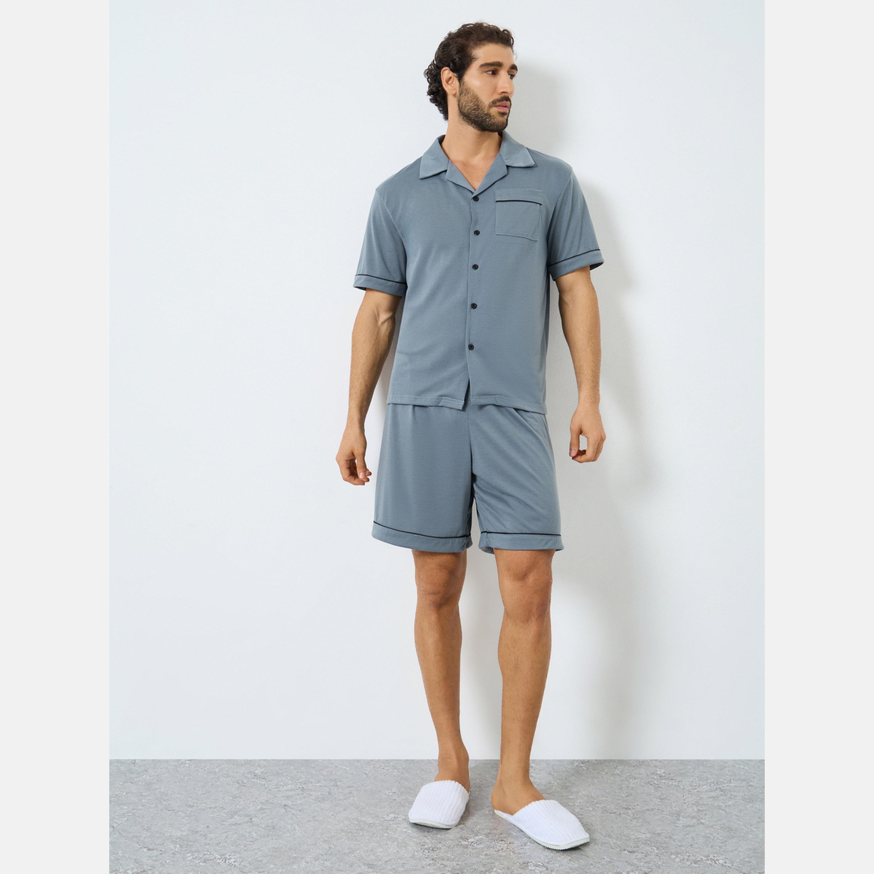 Styli Men Relaxed Fit Solid Shirt and Shorts Set-men-clothing-nightwear-sets-image-1