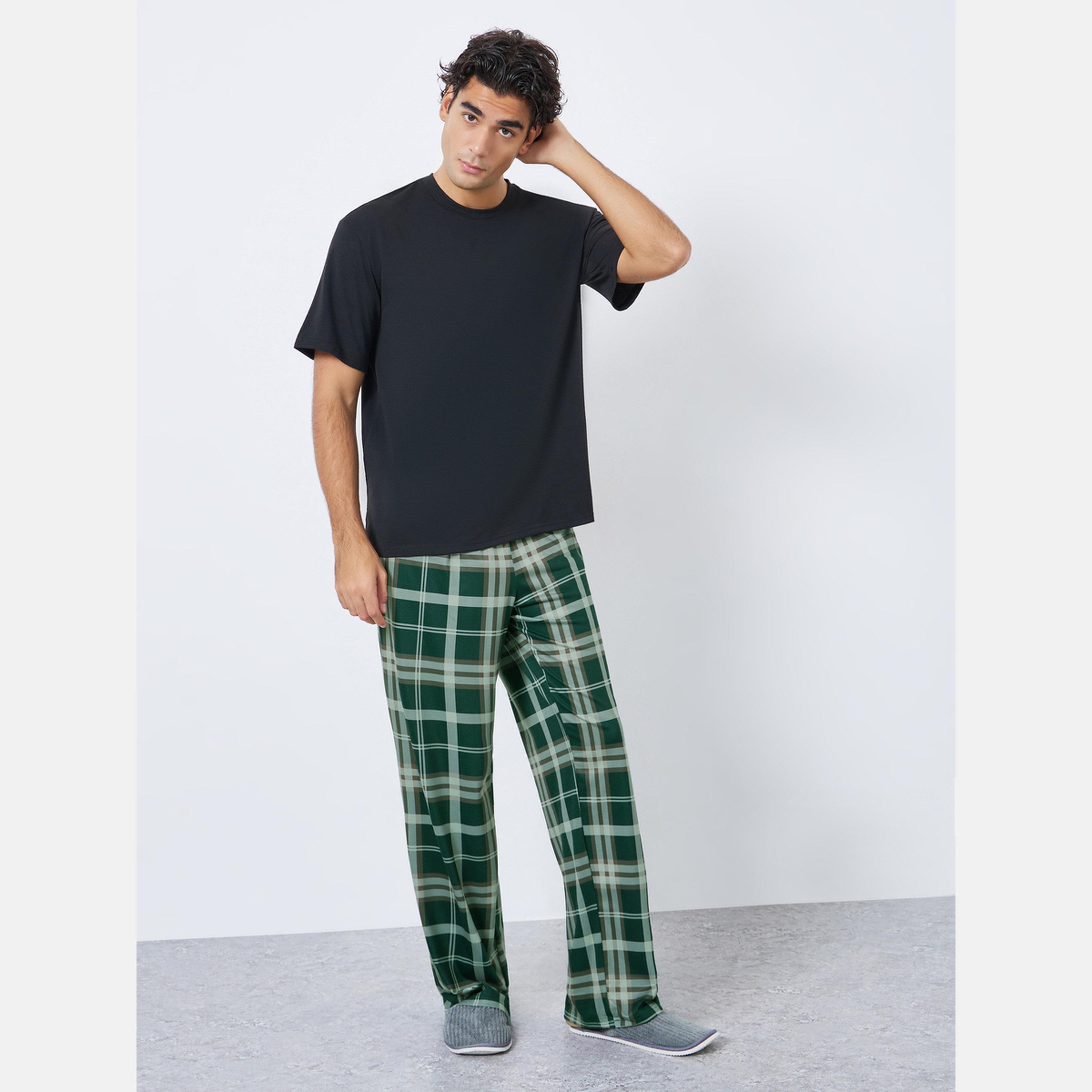 Styli Men Relaxed Fit Solid T-Shirt and Checked Pyjama Set-men-clothing-nightwear-sets-image-1