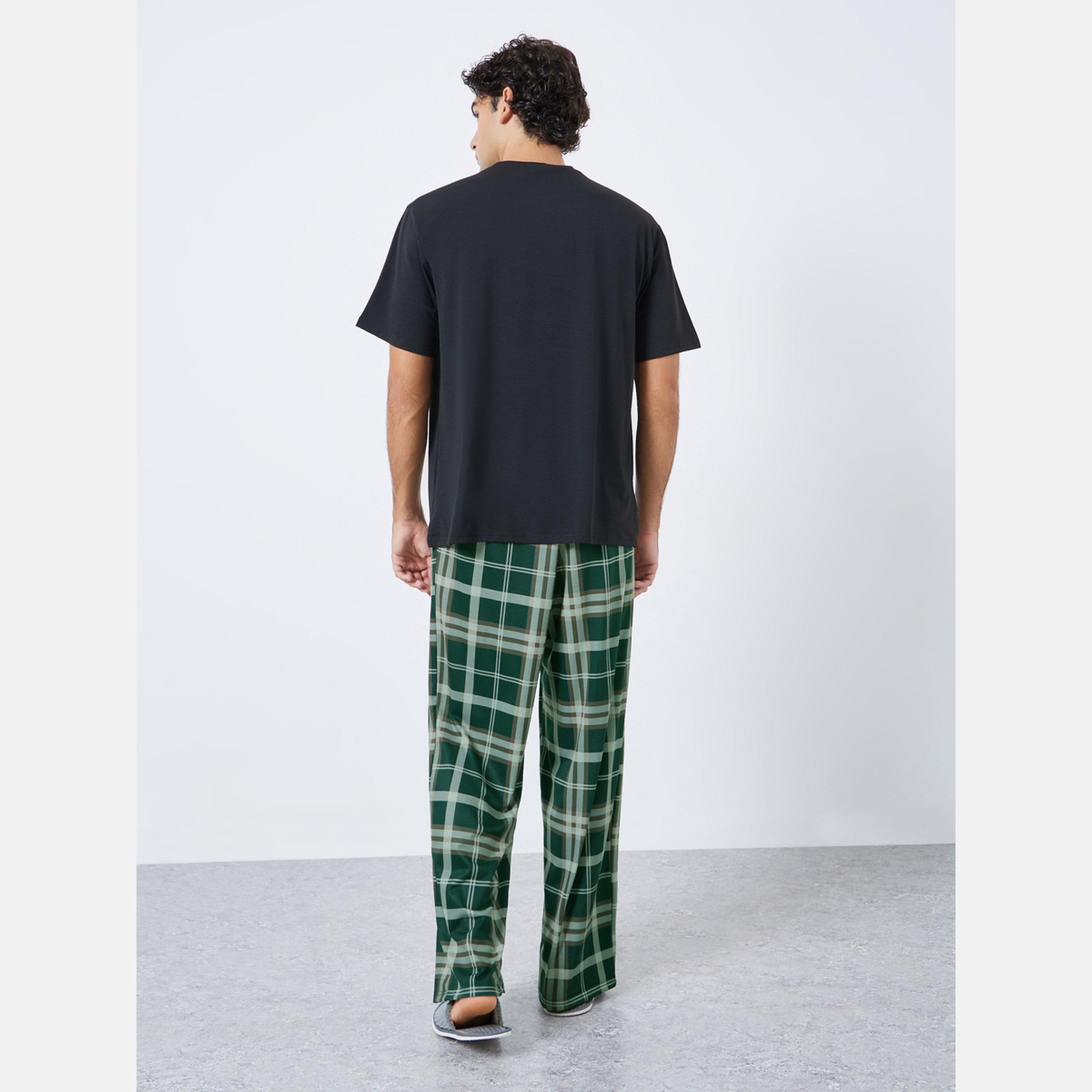Styli Men Relaxed Fit Solid T-Shirt and Checked Pyjama Set-men-clothing-nightwear-sets-image-5