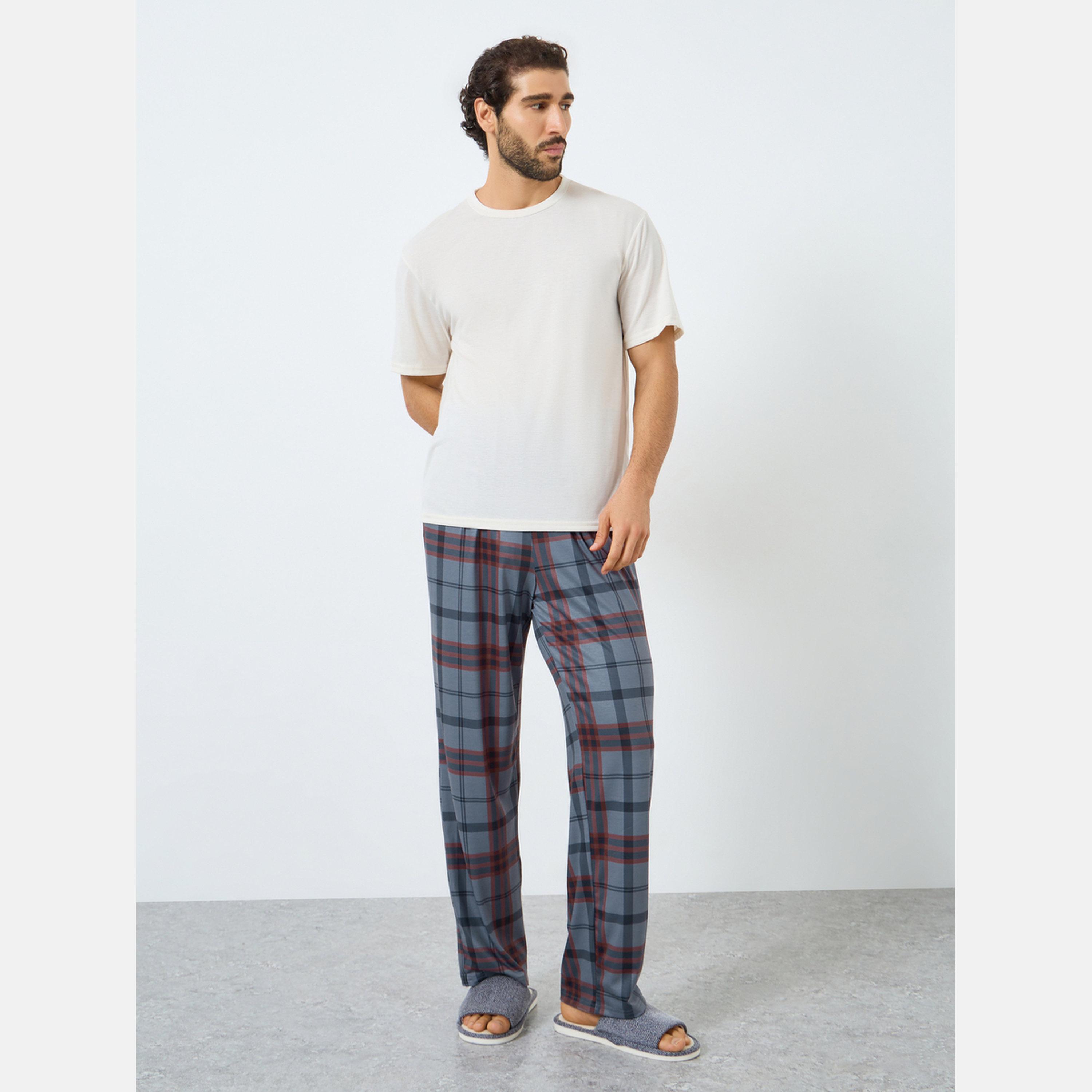 Styli Men Relaxed Fit Solid T-Shirt and Checked Pyjama Set-men-clothing-nightwear-sets-image-1