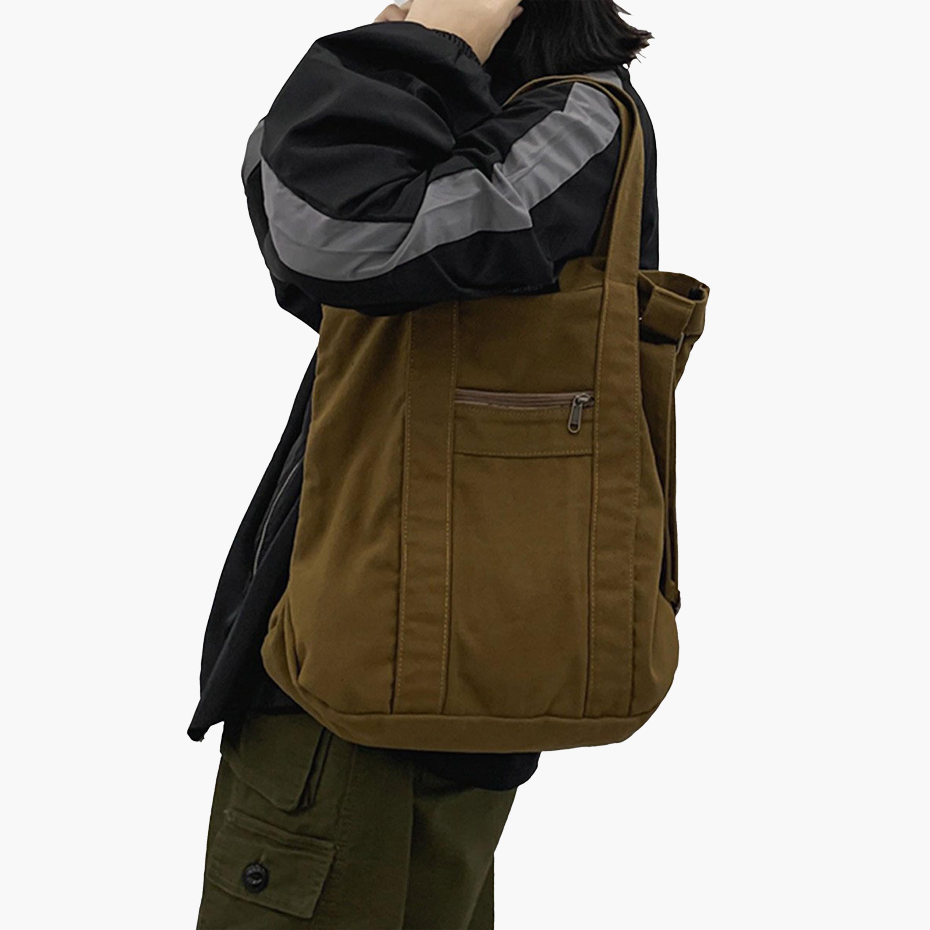 تيك تو - شنطة توت من القماش الكاكي بمقبضين علويين-men-bags-image-3
