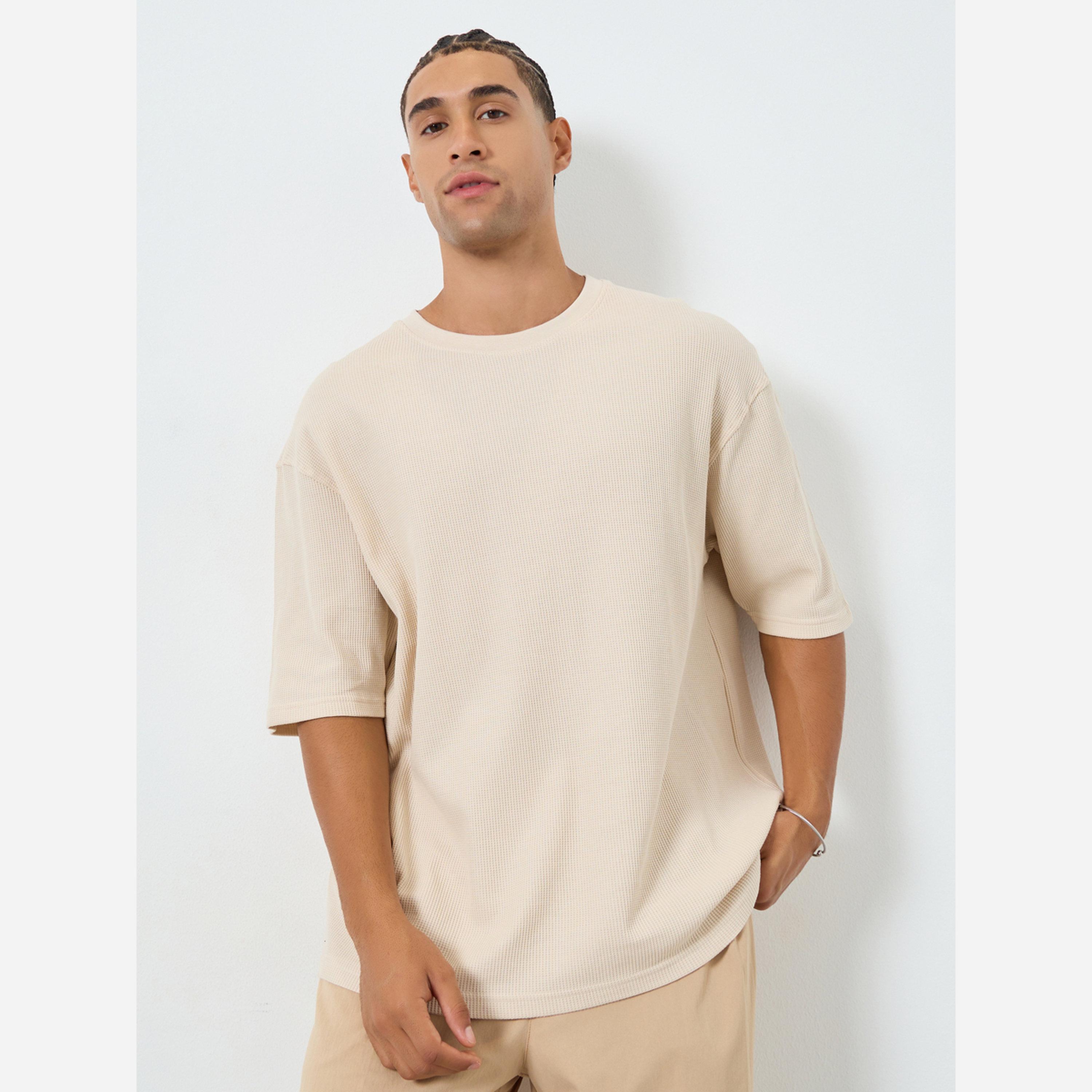 Styli Men Beige Waffle Knit Oversized T-Shirt-men-clothing-tshirtsandpolos-tshirts-image-1