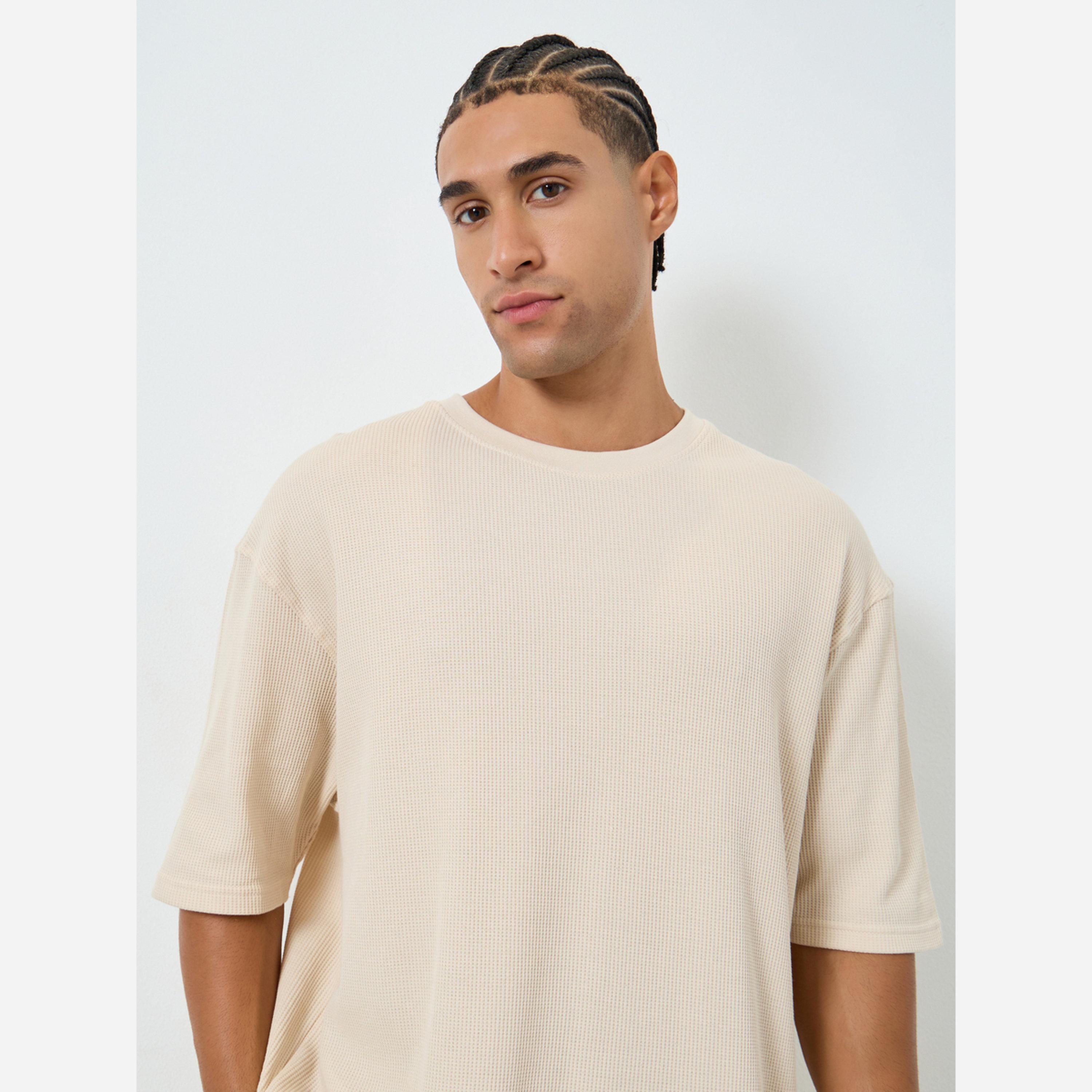 Styli Men Beige Waffle Knit Oversized T-Shirt-men-clothing-tshirtsandpolos-tshirts-image-3