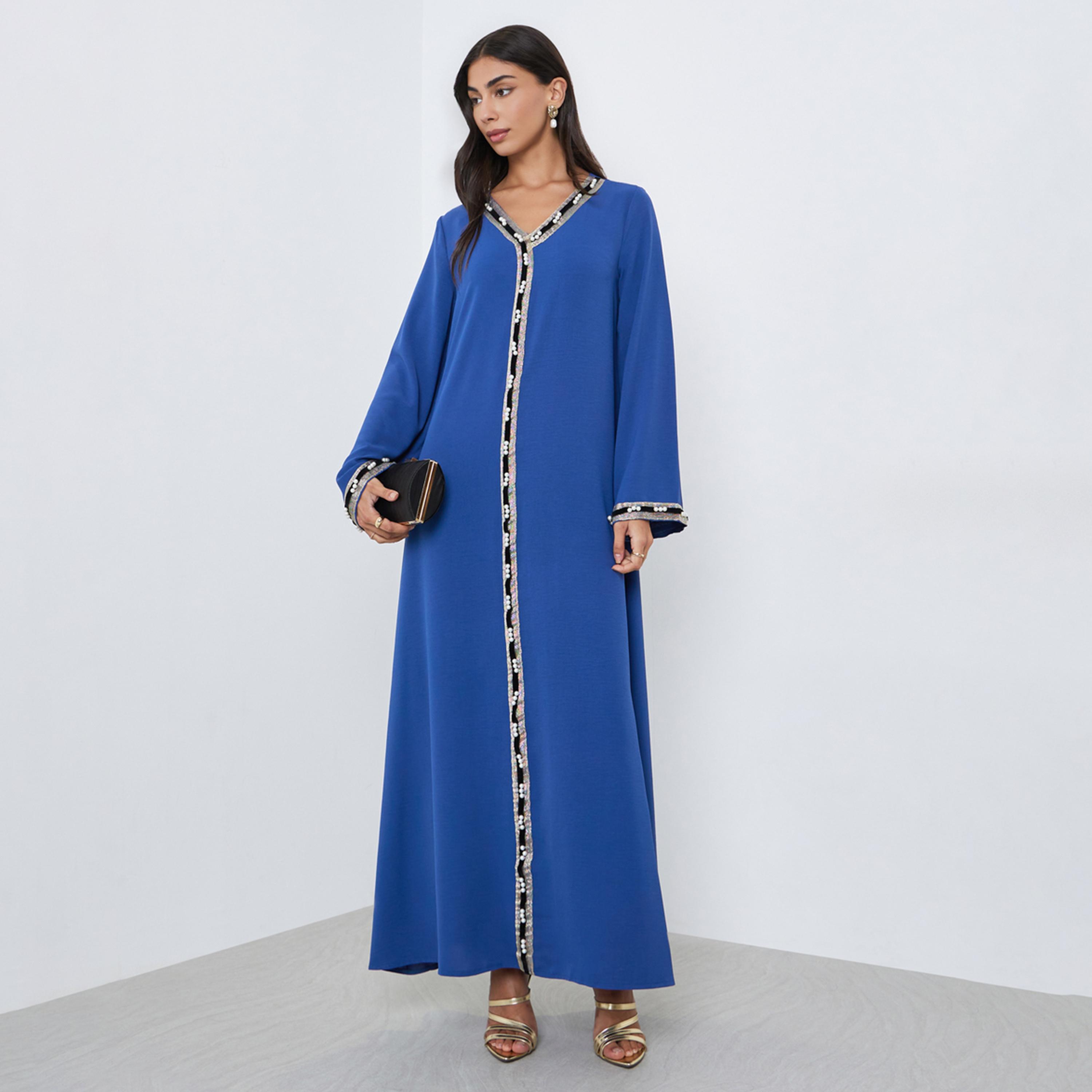 Styli Blue Lace Detail A-Line Jalabiya-women-arabicclothing-jalabiyas-image-1